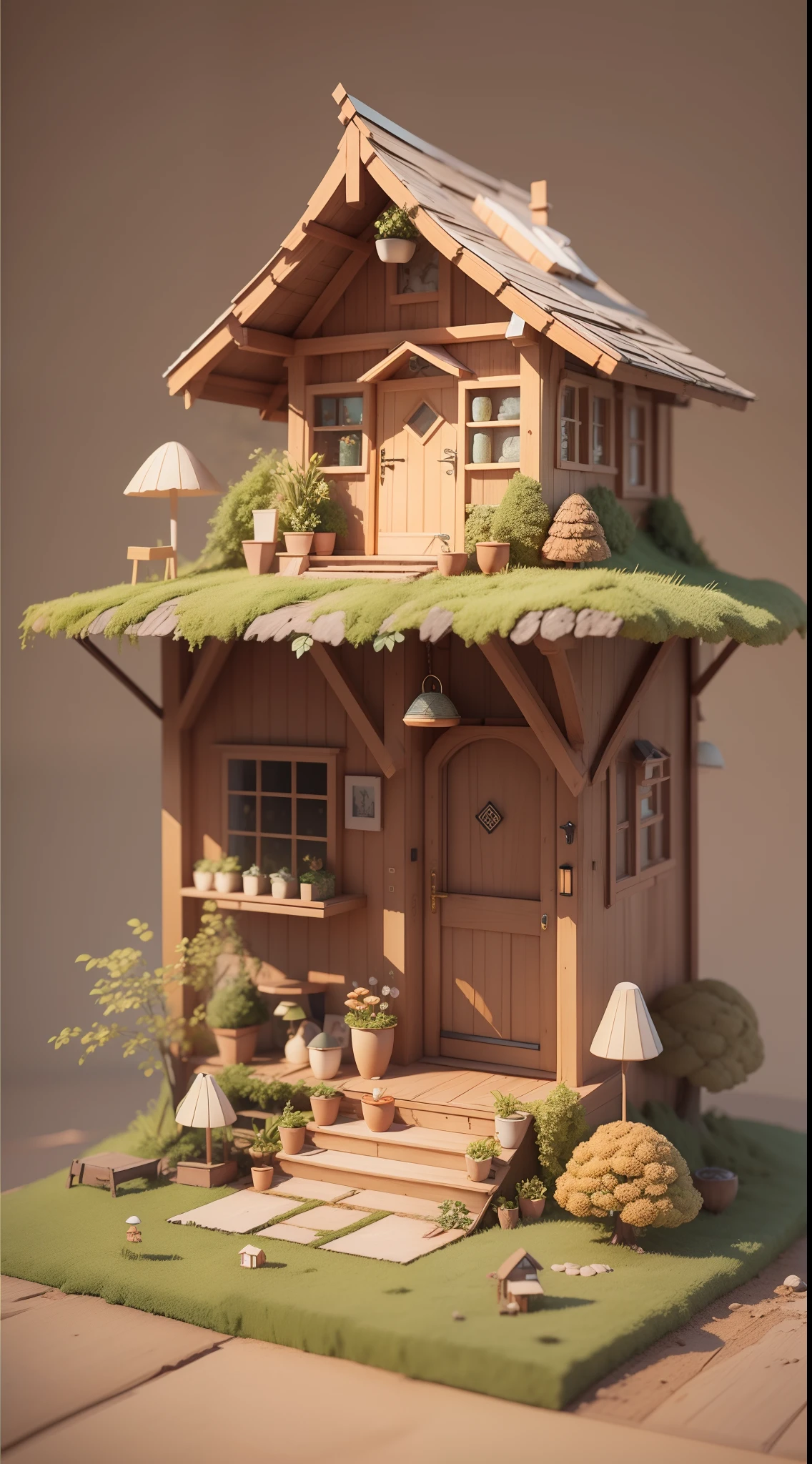 tmasterpiece,best qualtiy,Lots of detail,3Drenderingof,Q printmaking style,mushroom house,Small scenes,C4D,volumetric modelling,Beige orange background
