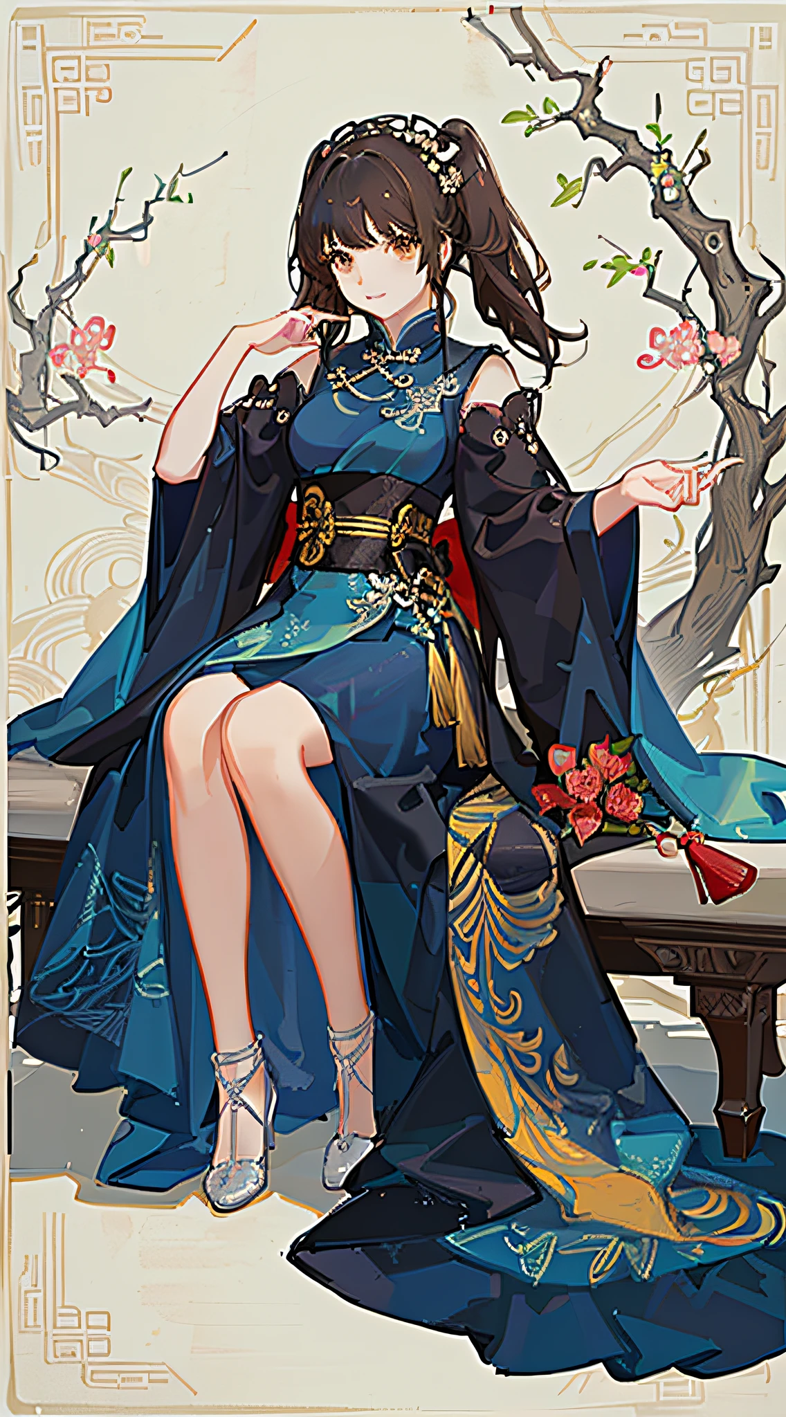 girl,full body,(detailed face:1.2), masterpiece, fashion,chinese dress,, medium hair, black hair, twintails, blunt bangs, brown eyes,