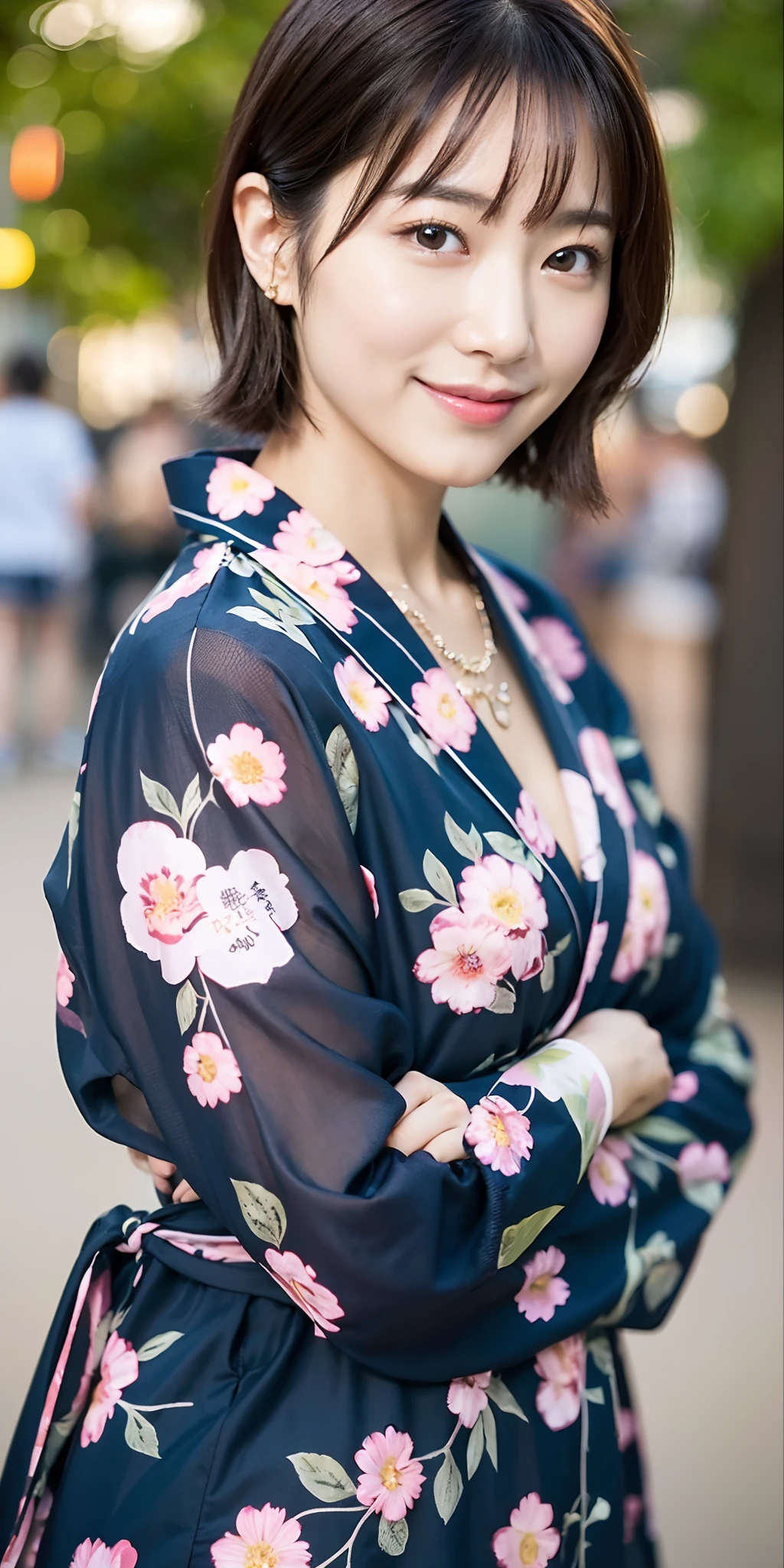 top-quality、8K、32K、masterpiece、nffsw:1.2)、Photo of a cute Japanese woman、very short bobbed hair、The upper part of the body、A slight smil、sface focus、Yukata with black floral pattern、bathrobe、a necklace、Summer Festivals、natta、midnight、dark backgrounds、
