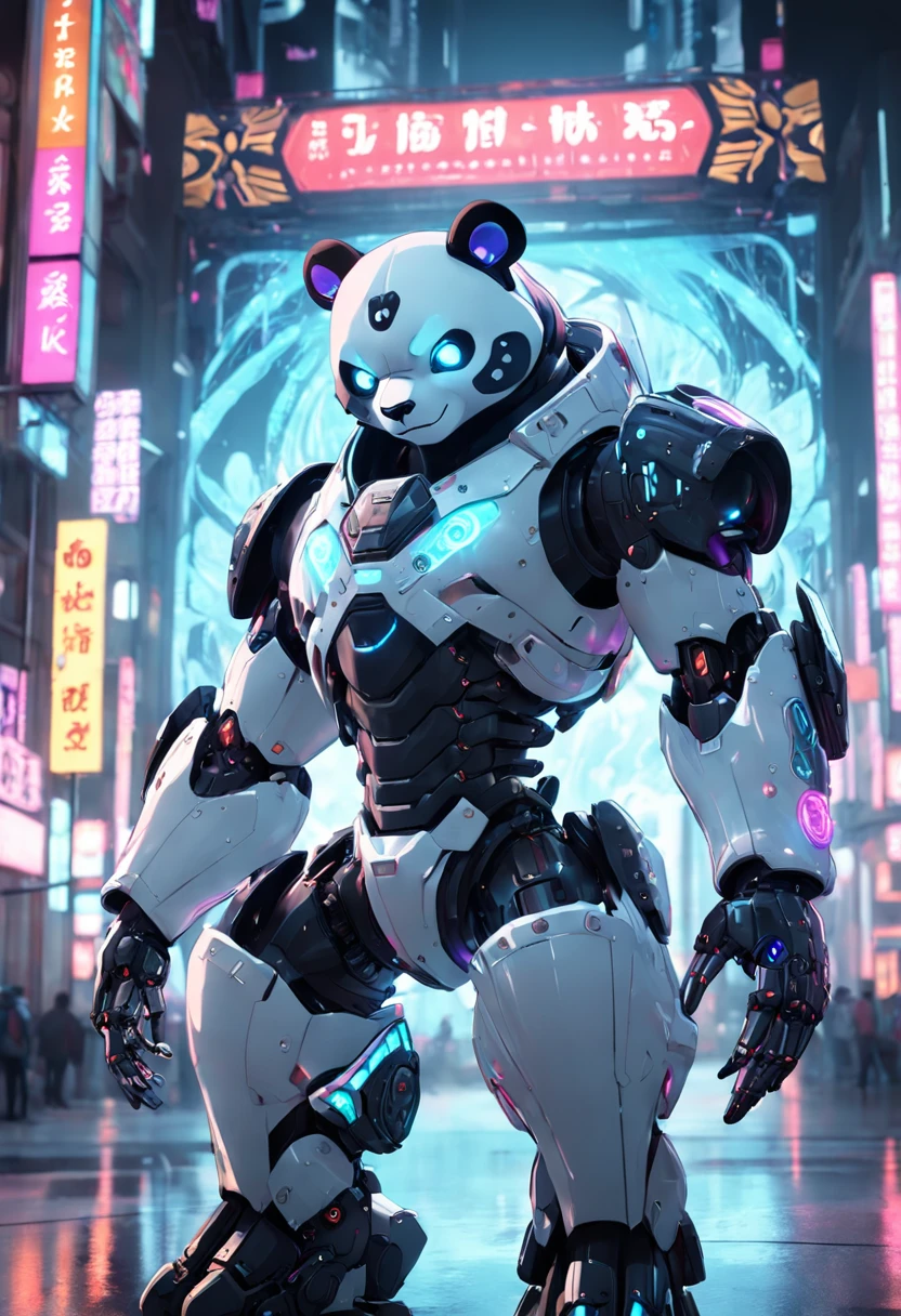 personification,Transparent mechanical panda,Cyberpunk, dreamy glow, luminous neon lights, ( Global illumination, Ray traching, hdr, unreal render,reasonable design, high detal, Masterpiece, Best quality, hyper HD, Cinematic lighting), Mecha musume