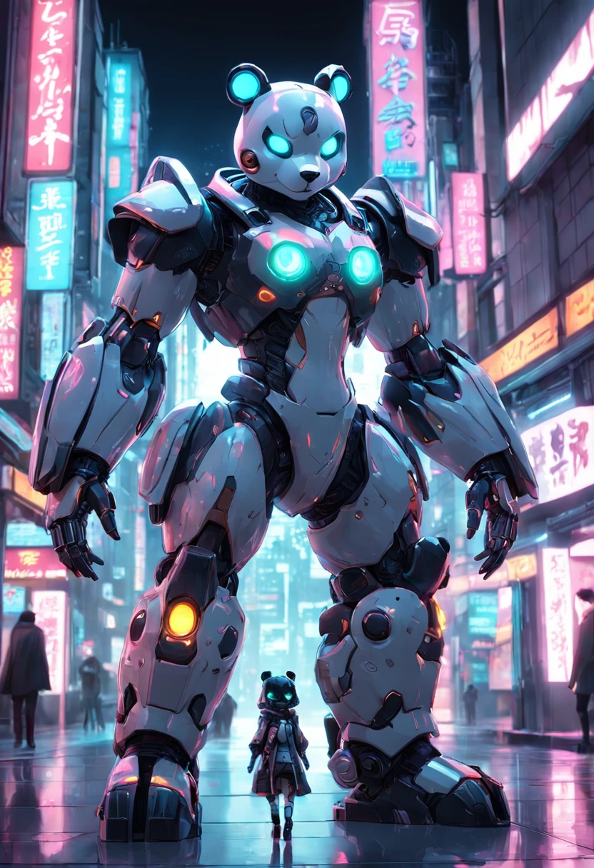 personification，Transparent mechanical panda，Cyberpunk, dreamy glow, luminous neon lights, ( Global illumination, Ray traching, hdr, unreal render,reasonable design, high detal, Masterpiece, Best quality, hyper HD, Cinematic lighting), Mecha musume