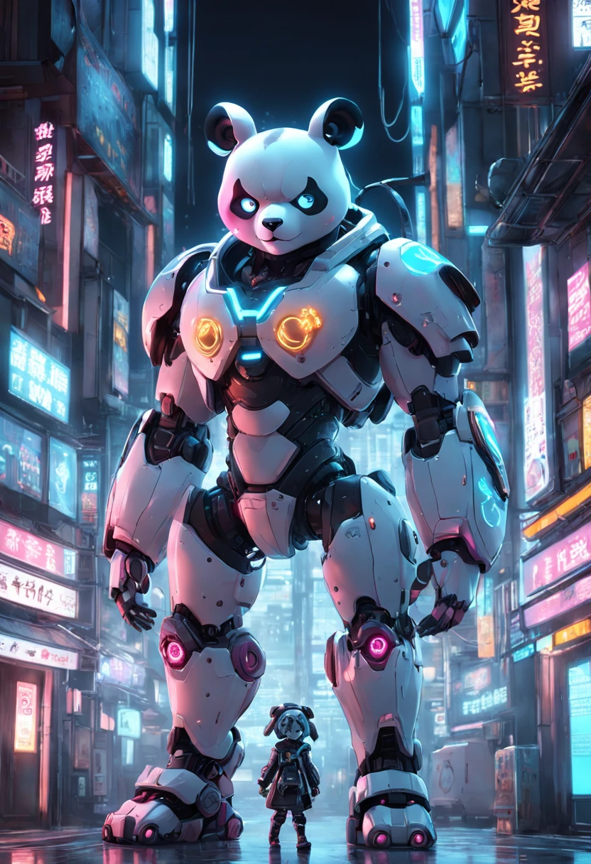 personification，Transparent mechanical panda，Cyberpunk, dreamy glow, luminous neon lights, ( Global illumination, Ray traching, hdr, unreal render,reasonable design, high detal, Masterpiece, Best quality, hyper HD, Cinematic lighting), Mecha musume