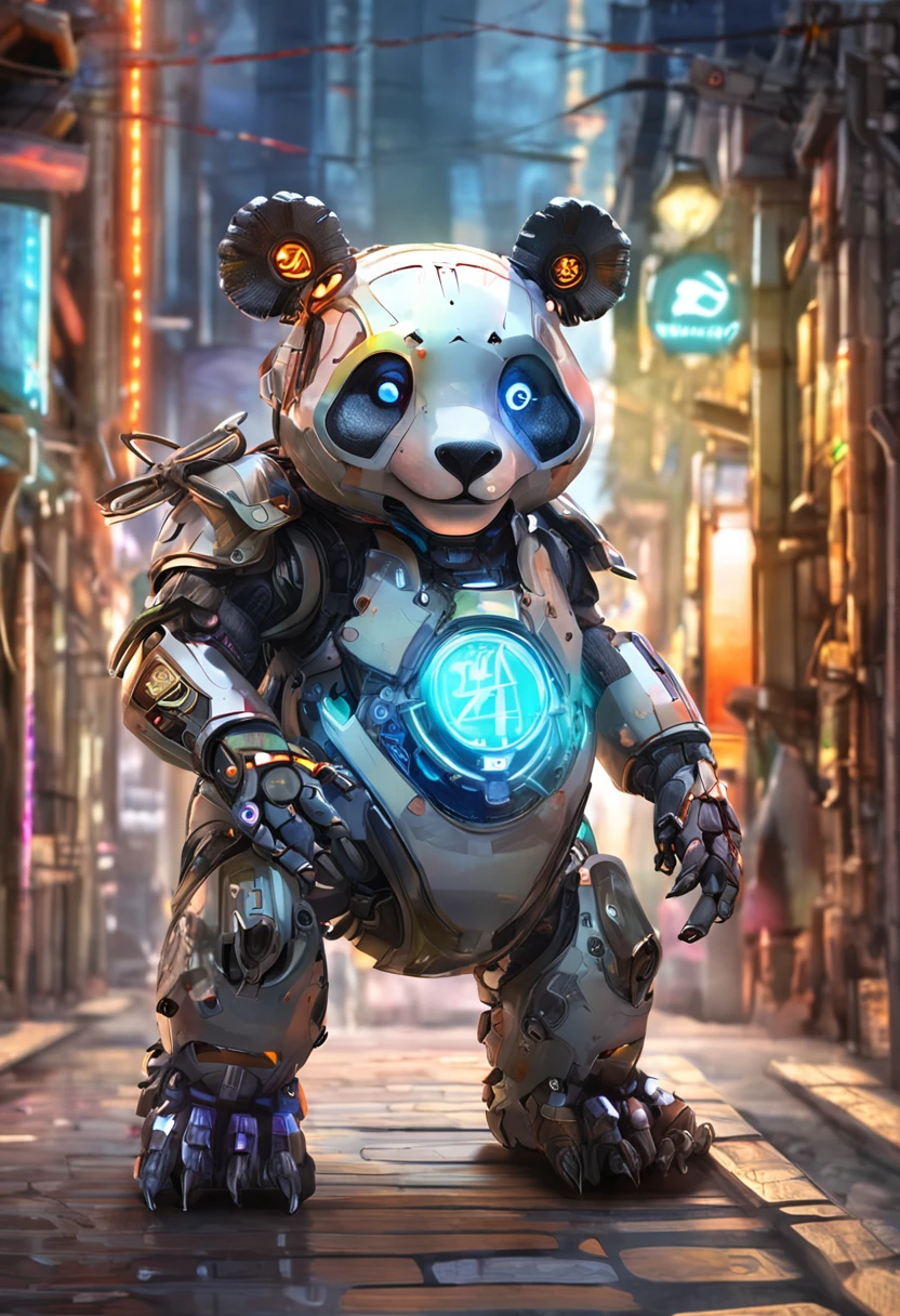 personification，Transparent mechanical panda，Cyberpunk, dreamy glow, luminous neon lights, ( Global illumination, Ray traching, hdr, unreal render,reasonable design, high detal, Masterpiece, Best quality, hyper HD, Cinematic lighting), Mecha musume