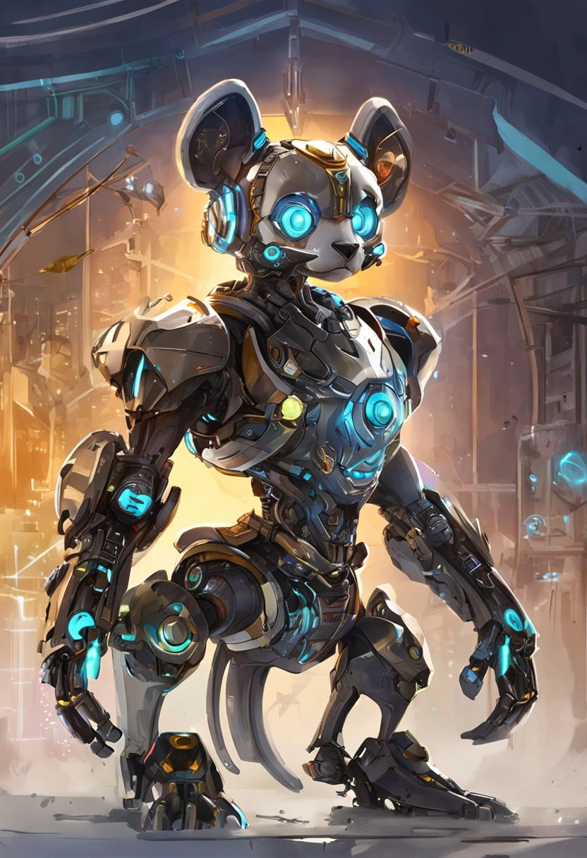 personification，Transparent mechanical panda，Cyberpunk, dreamy glow, luminous neon lights, ( Global illumination, Ray traching, hdr, unreal render,reasonable design, high detal, Masterpiece, Best quality, hyper HD, Cinematic lighting), Mecha musume
