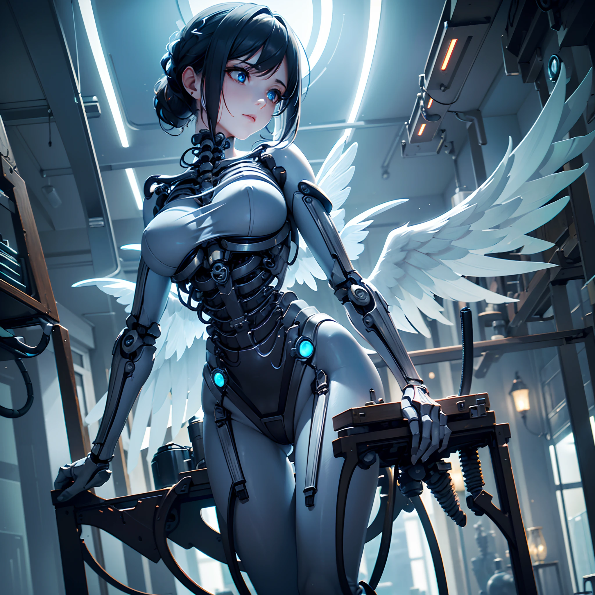 (masterpiece), (top-quality), masterpiece, (High Definition CG Illustration), ((extremely delicate and beautiful)), (Since a while ago), Cinematic Light, Beautiful but cruel, Erotic and grotesque mechanical girl wearing cyberpunk sunglasses, super realistic details, portlate, globalillumination, Shadow, ultra-sharp, Convoluted, ornaments detailed, cold color, metals, highly intricate detail, Realistic light, CGSoation Trends, radiant eyes, neon details, Mechanical limbs, blood vessels connected to tubes, Mechanical vertebrae attached to the back, mechanical cervial attaching to the neck, Wires and cables connecting to the head, slightly larger breasts, Slightly larger buttocks, ((lamentation)), ((Angel wings)), (Emphasis on mechanical skeleton,Emphasis on mechanical interiors,Put a little emphasis on mechanical bones), clear light blue eyes, Realistic physical breasts, Soft breasts, Light blue mechanic, Red Eyes, Exposed