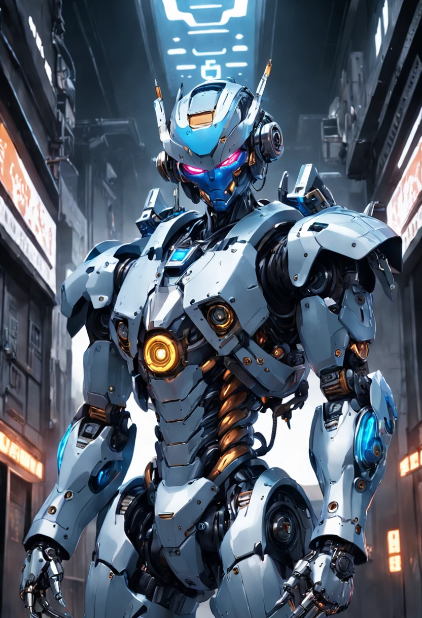 (Masterpiece, Best quality), Intricate details, Photo, Realistic, illusory engine, Grey chrome and blue chrome
Mecha, humanoid robots, robot, robotjoints, Joints, helmet, Armor, Robot man, New, Cyberpunk Warehouse, Computer terminal, Arc electricity, sp3ct4, Dark atmosphere,