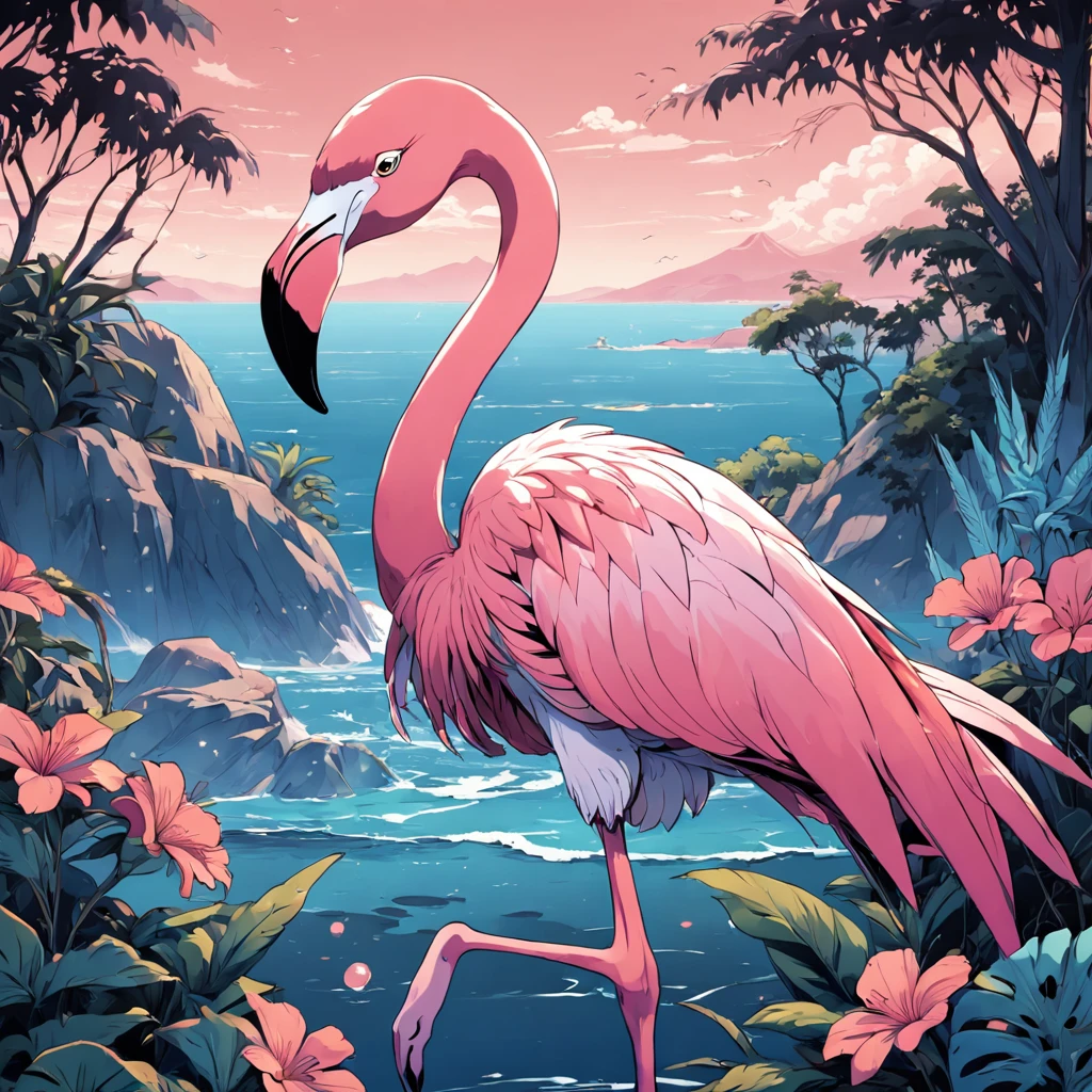 minimalistic, big eyes flamingo, full body, line art, vector, svg, coloring book, coloring book page style, black outline on white background