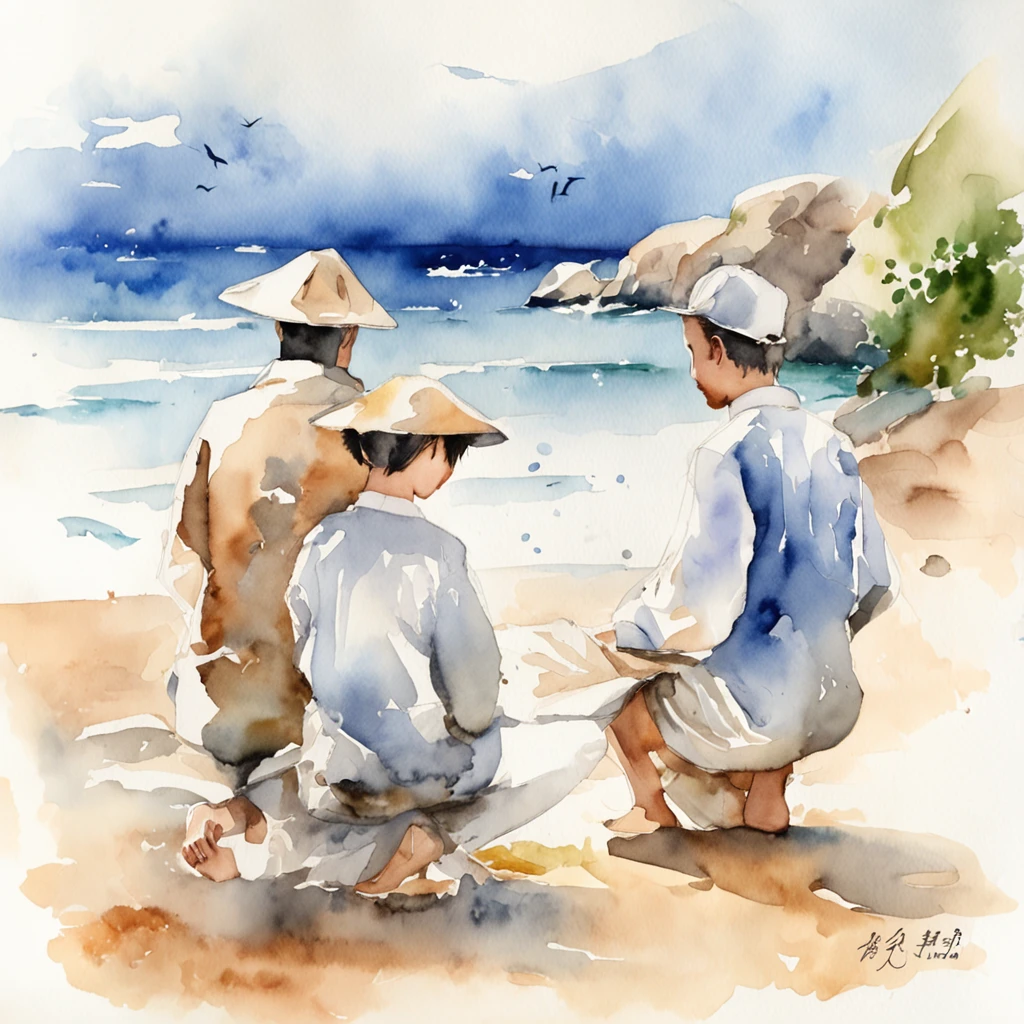 White paper expressed only by ink shades,1male people, 1womanl, 2 children、Sea background,  the wind, watercolor paiting, Watercolor blur, ink and watercolor painting、