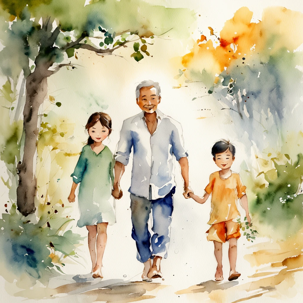 White paper expressed only by ink shades,1male people, 1womanl, 2 children、Sea background,  the wind, watercolor paiting, Watercolor blur, ink and watercolor painting、