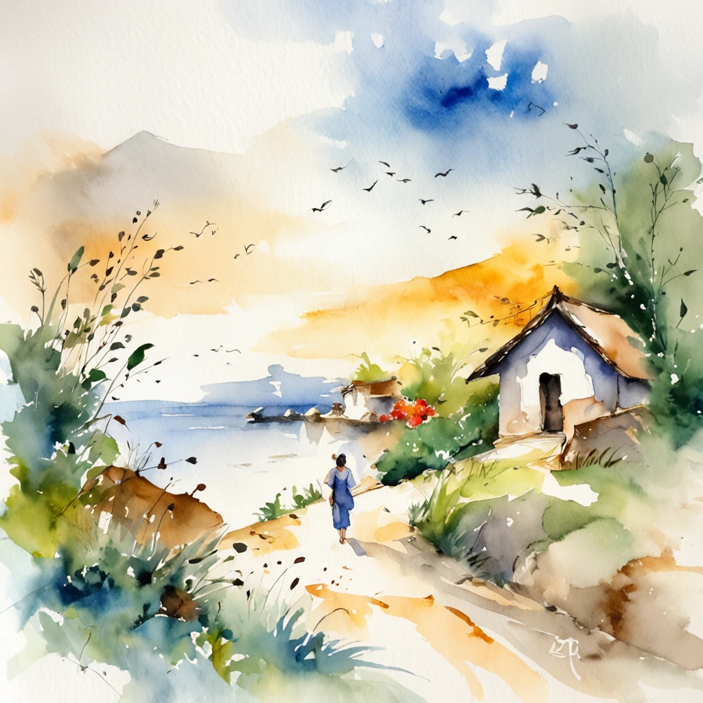 White paper expressed only by ink shades,1male people, 1womanl, 2 children、Sea background,  the wind, watercolor paiting, Watercolor blur, ink and watercolor painting、