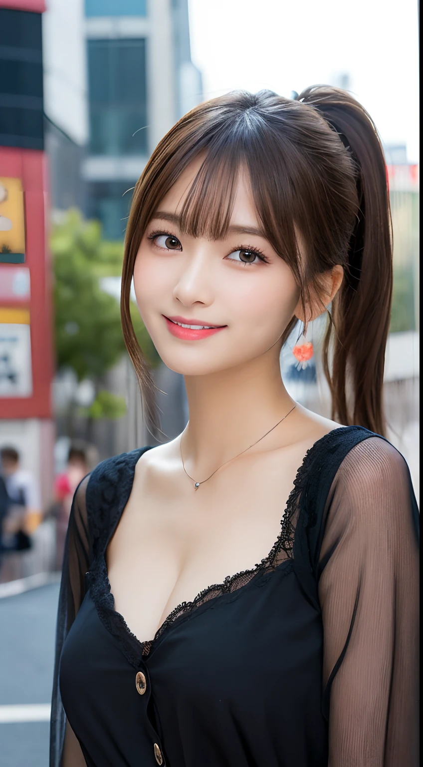 masutepiece, Best Quality, Illustration, Ultra-detailed, finely detail, hight resolution, 8K Wallpaper, Perfect dynamic composition, Beautiful detailed eyes, Women's Fashion Summer,Ponytail hair,Small breasts natural color lip, Bold sexy poses,Smile,Harajuku、20 years girl、Cute、Sexy shot looking at camera