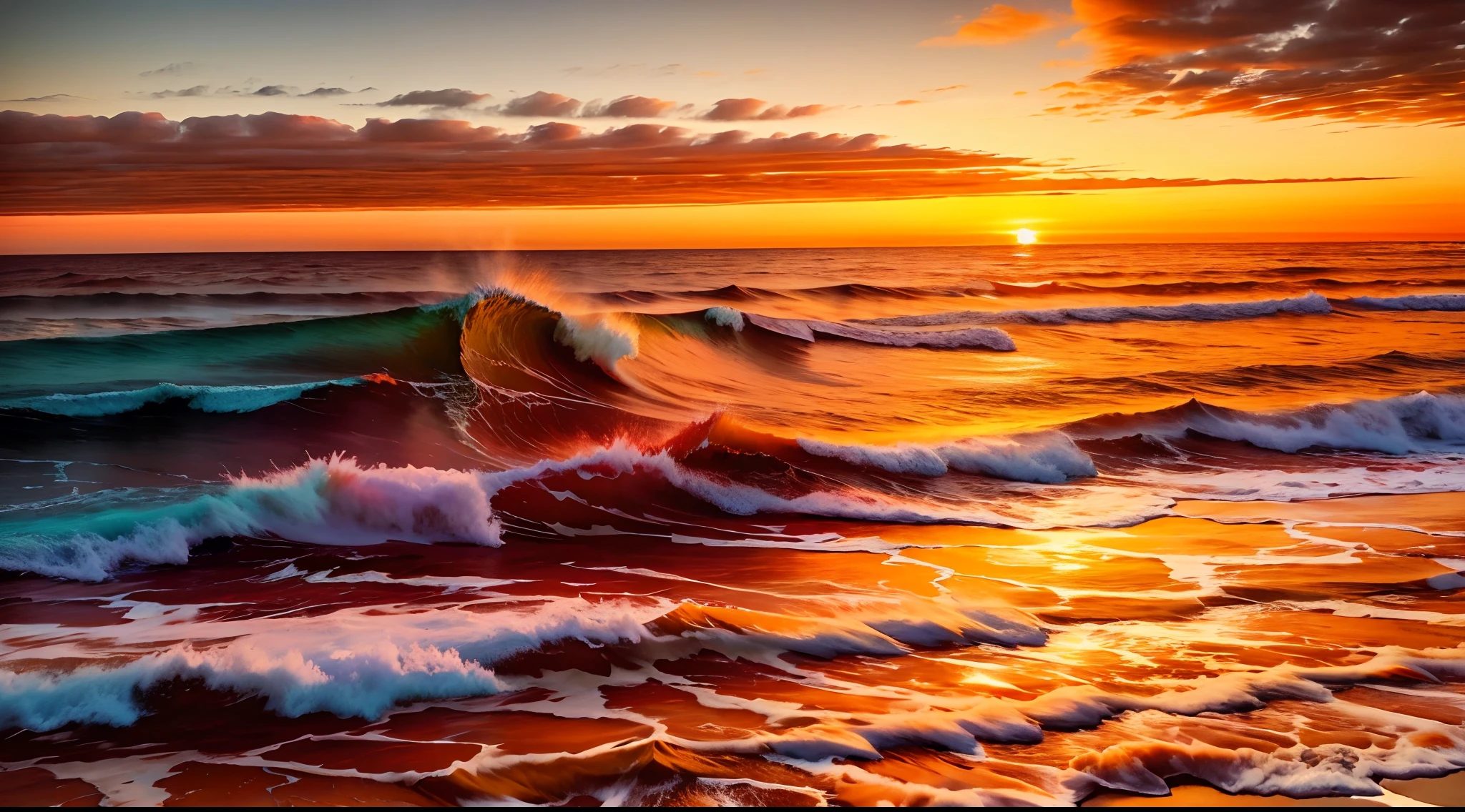 A breathtaking seascape with a dramatic sunset, the sky painted with a palette of orange and red hues, o sol uma bola de fogo ardente no horizonte, as ondas batendo na costa, with a lone seagull flying above, fotografia, drone camera with a wide-angle lens, --AR 16:9 --V 5