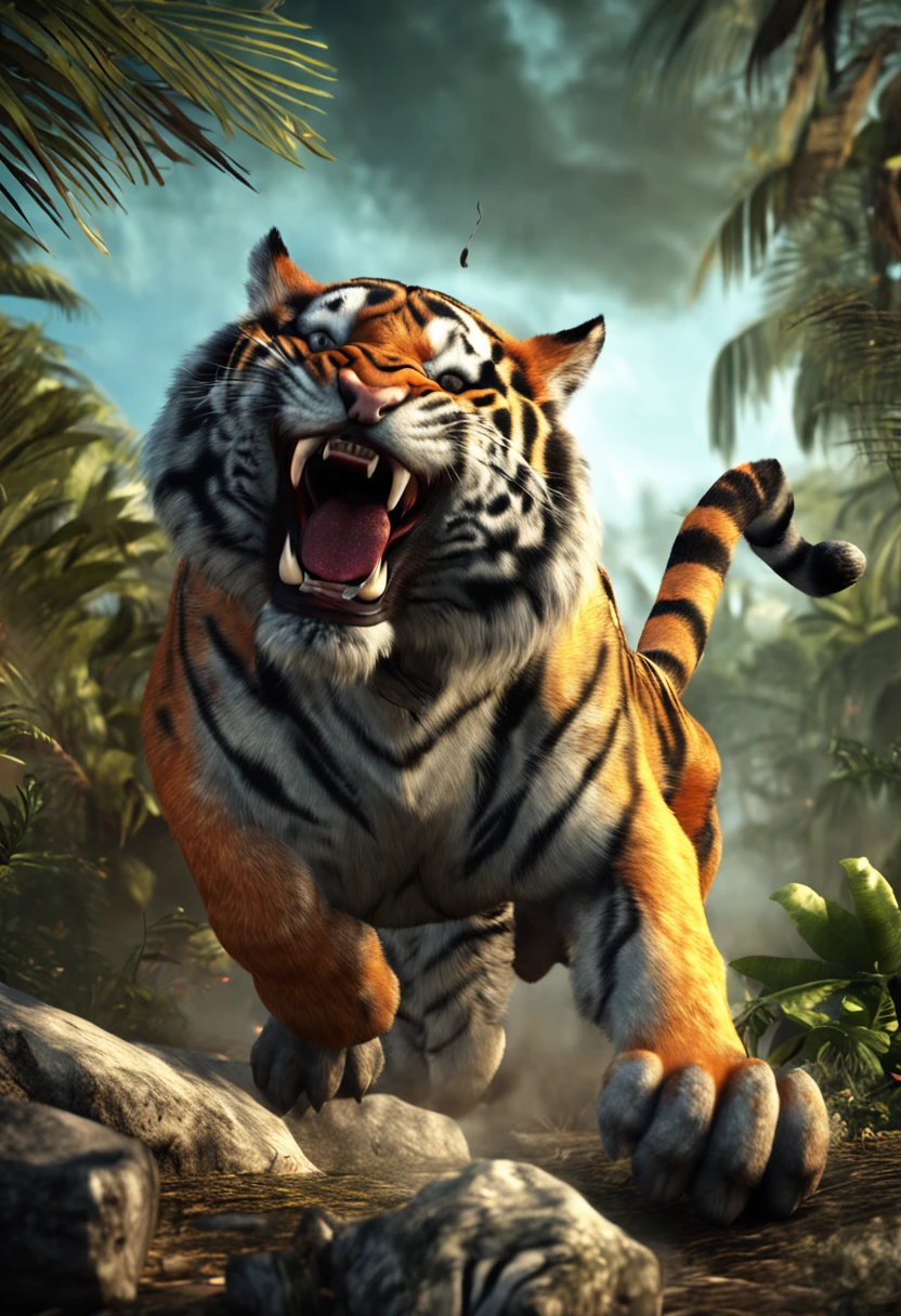 Realistic angry tiger jump in jungle HDRP side view