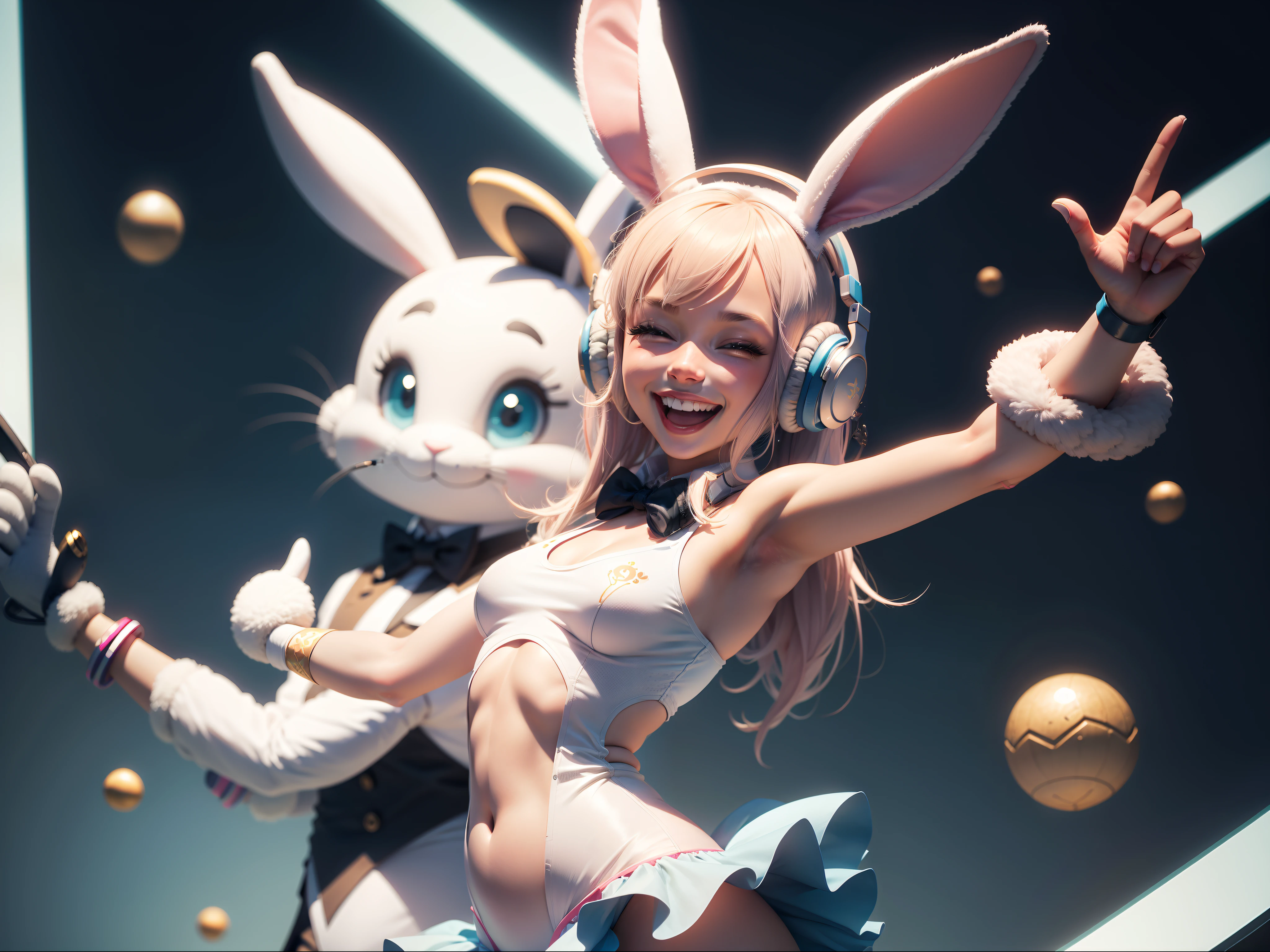 Zodiac anthropomorphic rabbit, wearing headphones, smiling happily, singing and dancing