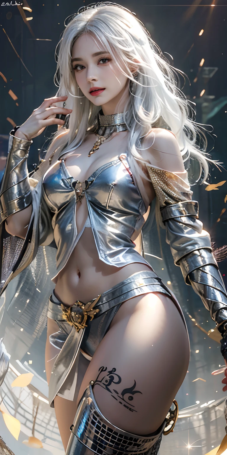 Photorealistic, high resolution, Soft light,1womanl, Solo, hips up high, glistning skin, (Detailed face),Tattooed with, jewelry, chainmail, Night, White hair, Wavy hair, Beautiful soldiers, Catch the audience's eye, Lover's perspective, Invitation expression, Sexy smile, Perfect style, Perfect balance, Detailed skin, mischievous gaze, chest visible