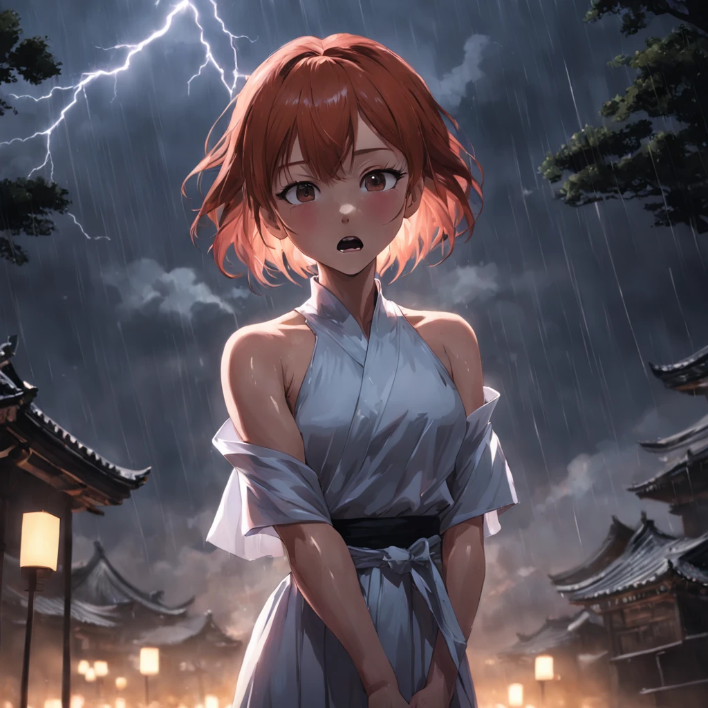 Natural redhead woman posing for camera, full body pose, sad, heartbroken, stylish updo hairstyle, hair in bun, straight hair, screaming in pain, pretty face, flawless face, thunderstorm in background, sobbing, crying, facial features mix of 山本彩 and 松井珠理奈 and 齋藤飛鳥 and 秋山眞緒, petite body, photo is as if taken by a Sony A7 III, professional photographer, dark ambiance, edge lighting, cinematic, candles, witchcraft, full body portrait, hyper realistic, beautiful face, 8k, full body portrait, elegant, natural lighting, sharp focus, very detailed face, beautiful face, smiling, happy, 64k, UHD, beautiful soft skin, 50mm, low light, dark and mysterious ambiance, vibrant skin, photorealism