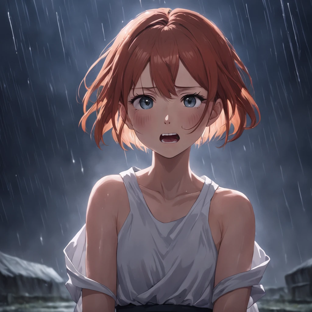 Natural redhead woman posing for camera, full body pose, sad, heartbroken, stylish updo hairstyle, hair in bun, straight hair, screaming in pain, pretty face, flawless face, thunderstorm in background, sobbing, crying, facial features mix of  山本彩 and 松井珠理奈 and 齋藤飛鳥 and 秋山眞緒, petite body, photo is as if taken by a Sony A7 III, professional photographer,  dark ambiance, edge lighting,  cinematic, candles, witchcraft, full body portrait, hyper realistic, beautiful face,  8k, full body portrait, elegant, natural lighting, sharp focus, very detailed face, beautiful face, smiling, happy, 64k, UHD, beautiful soft skin, 50mm, low light, dark and mysterious ambiance, vibrant skin, photorealism