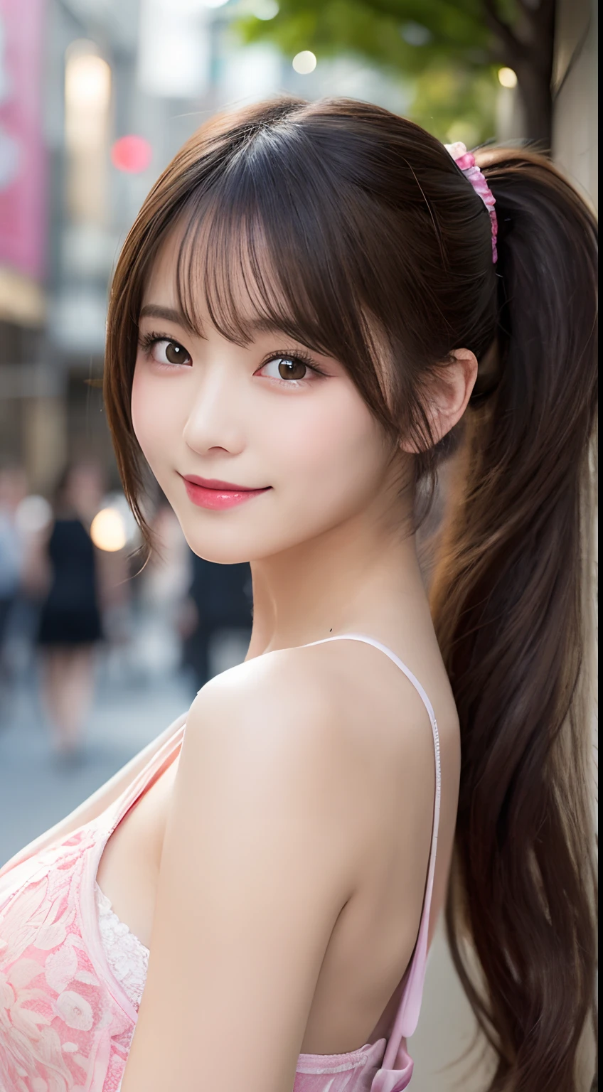 masutepiece, Best Quality, Illustration, Ultra-detailed, finely detail, hight resolution, 8K Wallpaper, Perfect dynamic composition, Beautiful detailed eyes, Women's Fashion Summer,Ponytail hair,Small breasts natural color lip, Bold sexy poses,Smile,Harajuku、20 years girl、Cute、Sexy shot looking at camera