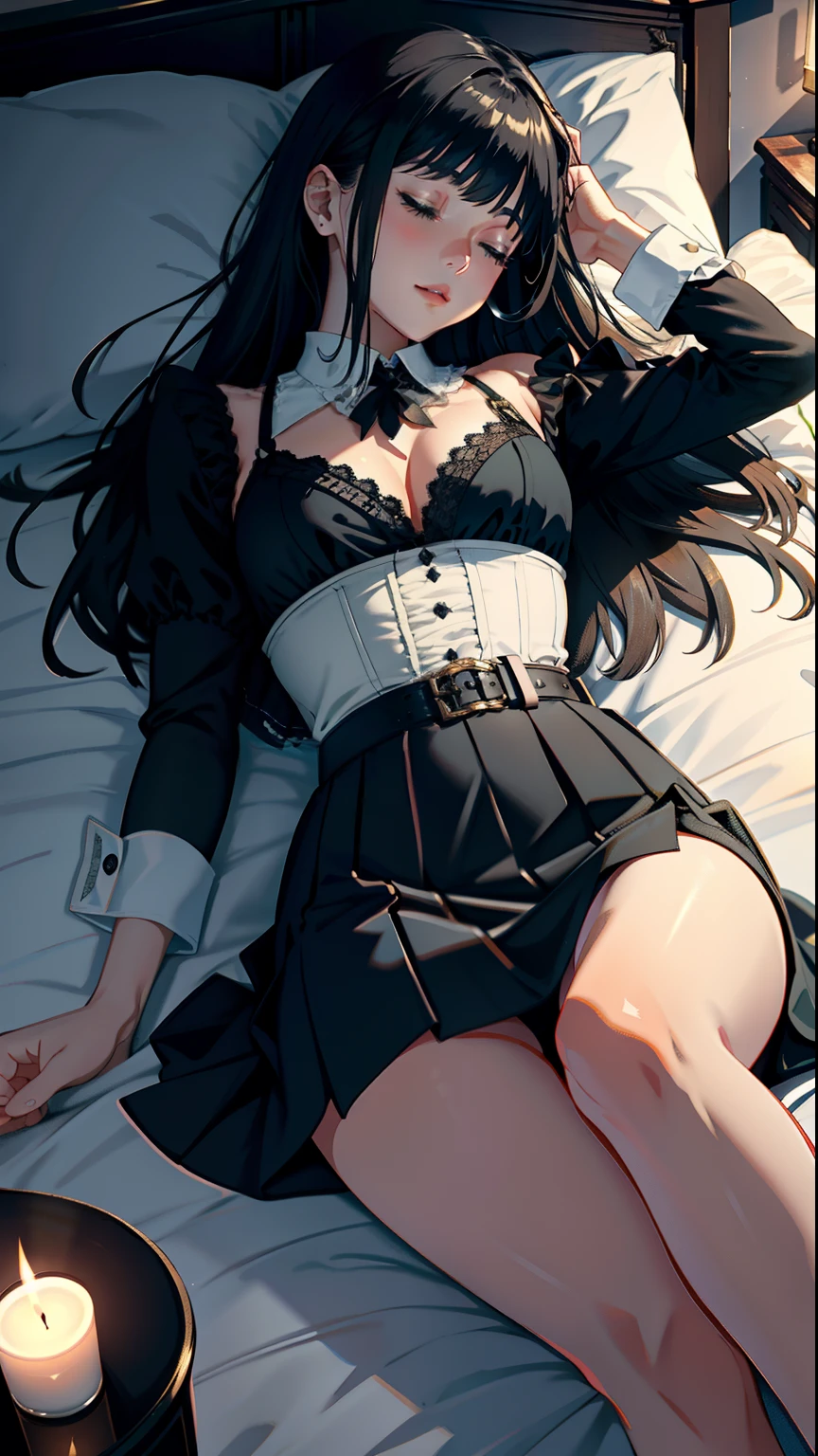 ​masterpiece, top-quality, Detailed details, Detailed landscapes, beatiful lights, Beautiful Shadows,girl with,((lying back)),((Sleeping in bed)),(laying on back),close legs,((Bare legged)),20yr old,Black eyes,a miniskirt,Slit skirt,(maid clothes),Clothes that have fallen apart, detailed skin textures, Tyndall effect,mansion,mansion,Bedroom,(Antique bed),Candlelight