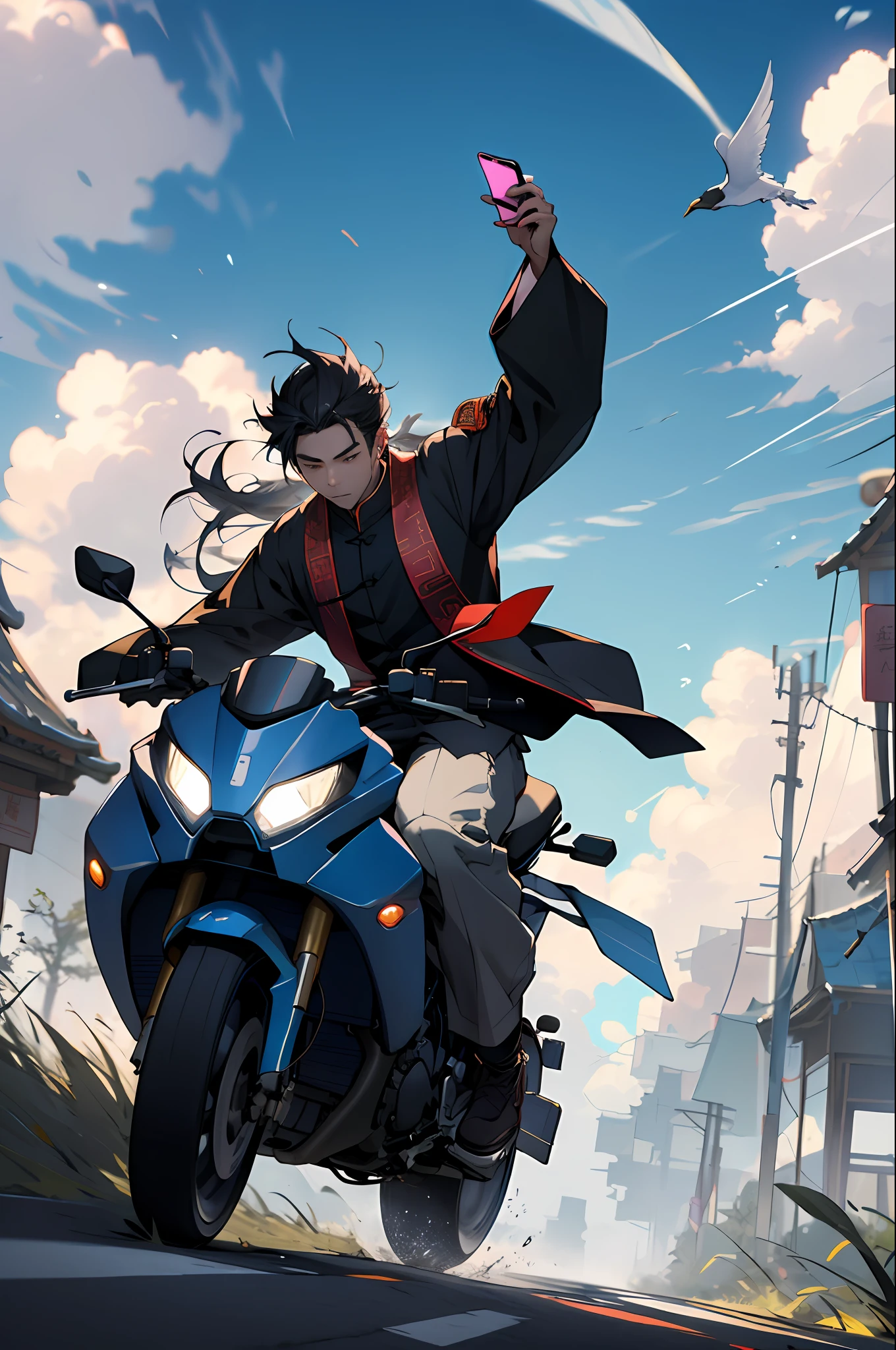 Chinese Taoist priest holding mobile phone Soaring clouds driving fog hacker long hair