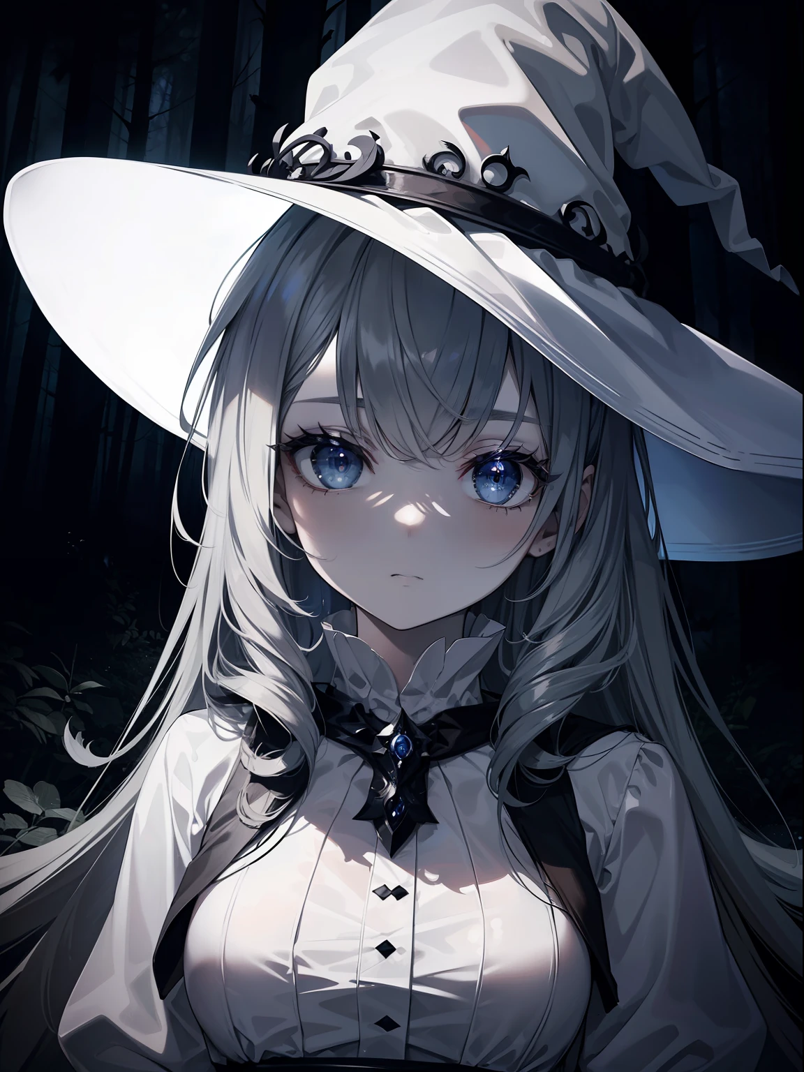 (masterpiece,best quality,ultra detailed),1girl,smirk, ghost body, creature long arms,(blood), (body ghost creature), (detailed ghost creature body), beautiful and detailed face, detailed eyes,(black skin),insanevoid, glowing eyes,translucent clothing,(grey theme), witch hat,hallowen outfit,in the street,night