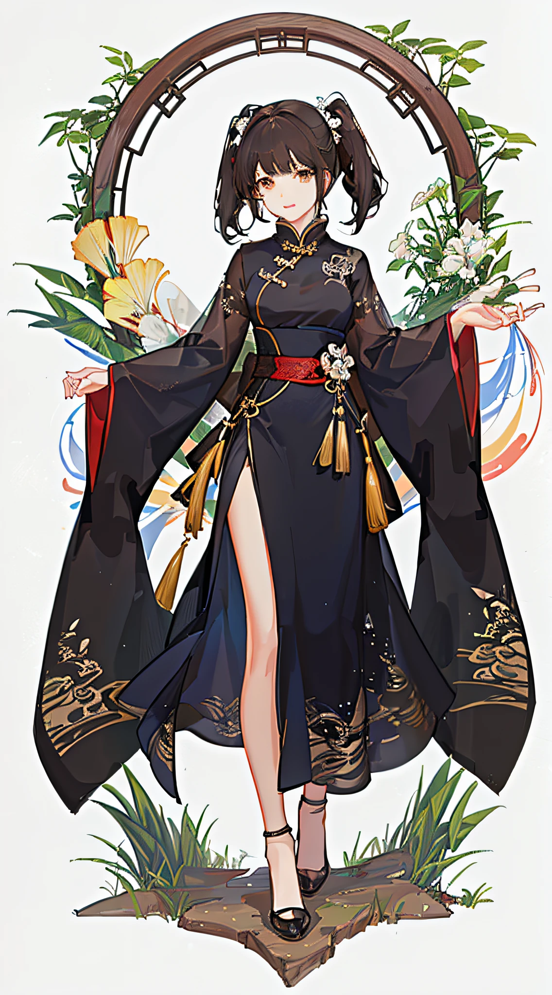 girl,full body,(detailed face:1.2), masterpiece, fashion,chinese dress,, medium hair, black hair, twintails, blunt bangs, brown eyes,