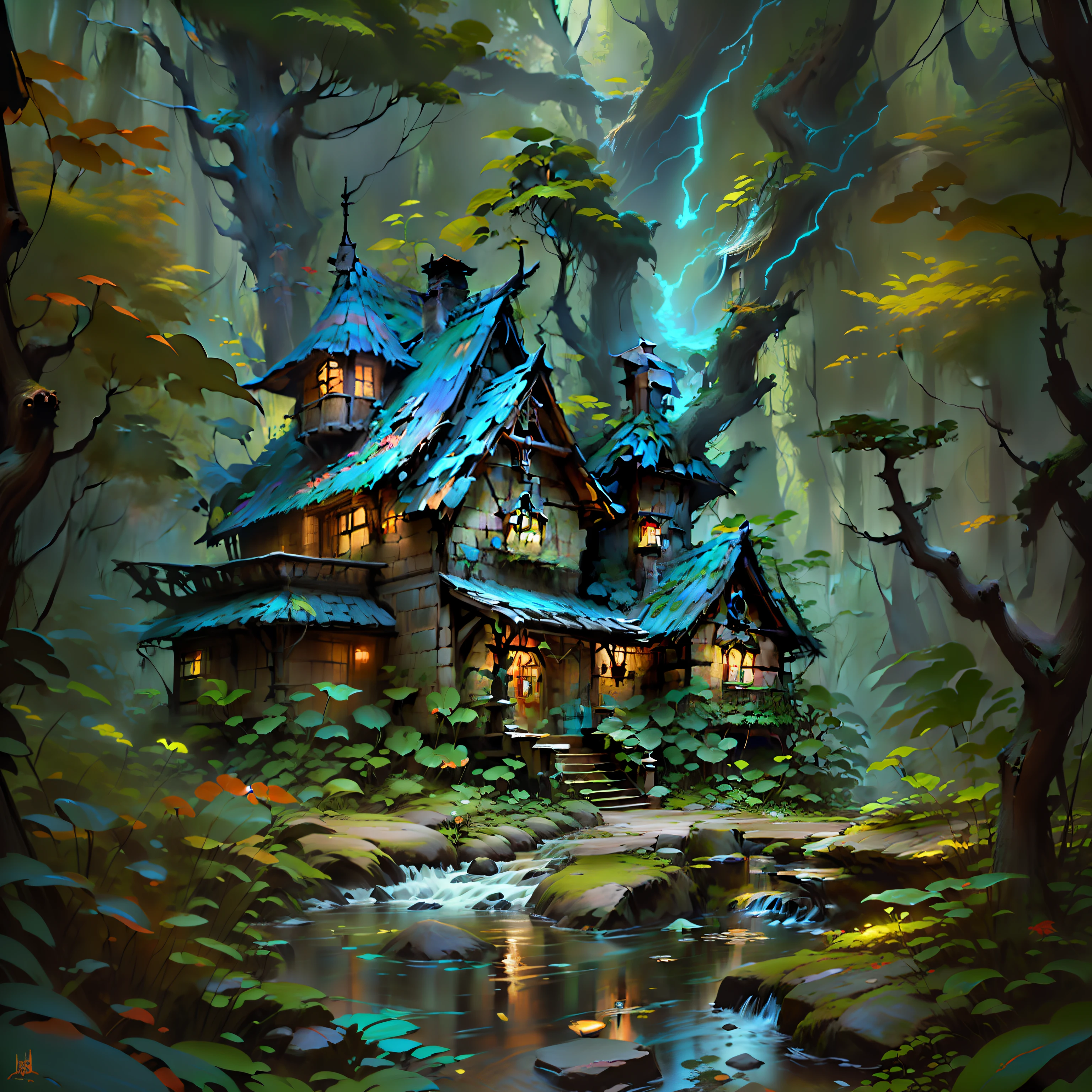 painting of a hut in the woods with a stream running through it;, Pintura realista de fantasia, whimsical fantasy landscape art, lightning fantasy magic, fantasy painterly style, Casa de campo na floresta, Casa da Fantasia, Casa na Madeira, Estilo Thomas Kinkade, Pintura digital de fantasia, Casa de campo na floresta, Casa de bruxa na floresta, Fantasy oil canvas