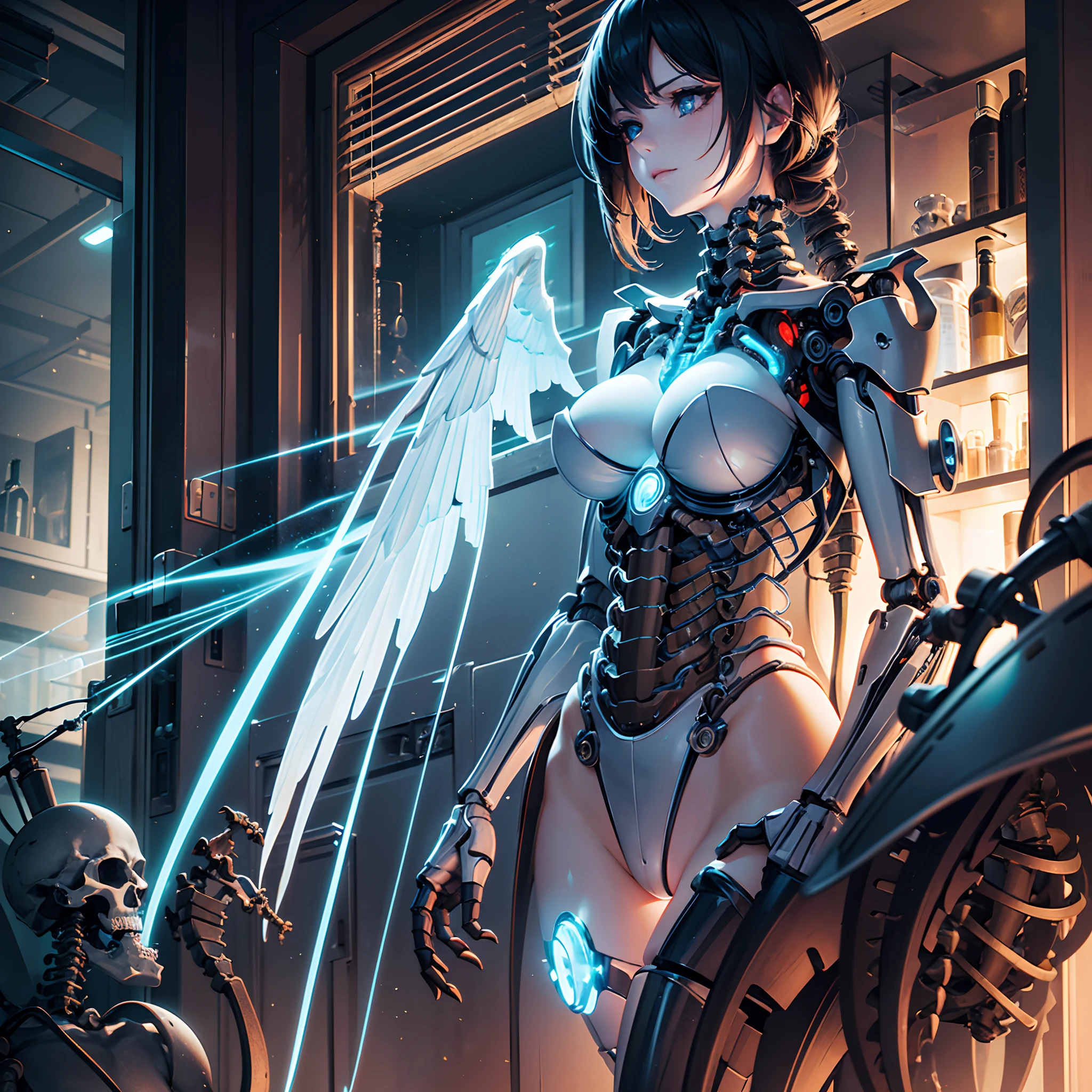 (​masterpiece), (top-quality), ​masterpiece, (High Definition CG Illustration), ((extremely delicate and beautiful)), (Since a while ago), Cinematic Light, Beautiful but cruel, Erotic and grotesque mechanical girl wearing cyberpunk sunglasses, super realistic details, portlate, globalillumination, Shadow, ultra-sharp, Convoluted, ornaments detailed, cold color, metals, highly intricate detail, Realistic light, CGSoation Trends, radiant eyes, neon details, Mechanical limbs, blood vessels connected to tubes, Mechanical vertebrae attached to the back, mechanical cervial attaching to the neck, Wires and cables connecting to the head, slightly larger breasts, Slightly larger buttocks, ((lamentation)), ((Angel wings)), (Emphasis on mechanical skeleton,Emphasis on mechanical interiors,Put a little emphasis on mechanical bones), clear light blue eyes, Realistic physical breasts, Soft breasts, Light blue mechanic, Red Eyes, Exposed