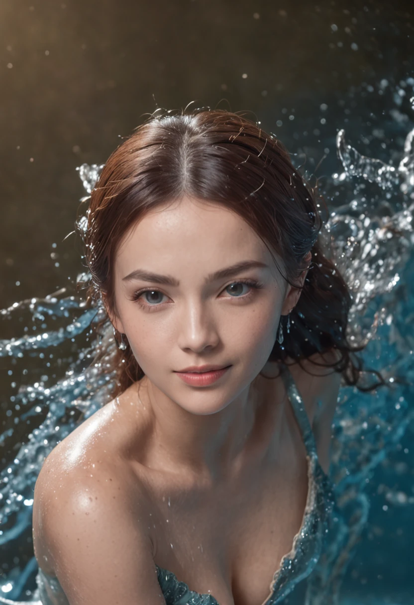 Pretty woman, dynamic pose, Smooth Movement, (water, water dress, Stream of water, controlling the water:1.2), subtle smile, full body, slim abs ,ultra-detailed face, detailed eyes, shiny skin, lustrous lips , detailed background, blue tones, ethereal atmosphere, Professional Lighting, Best quality, masterpiece, ultra high res, (photorealistic:1.4)