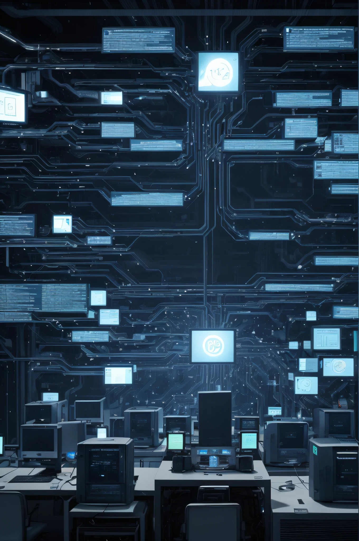 imagem super realista, Ambiente da Bolsa de Valores, many computers showing asset quotes, em vez de pessoas, a machine simulating an artificial intelligence overseeing the entire system;