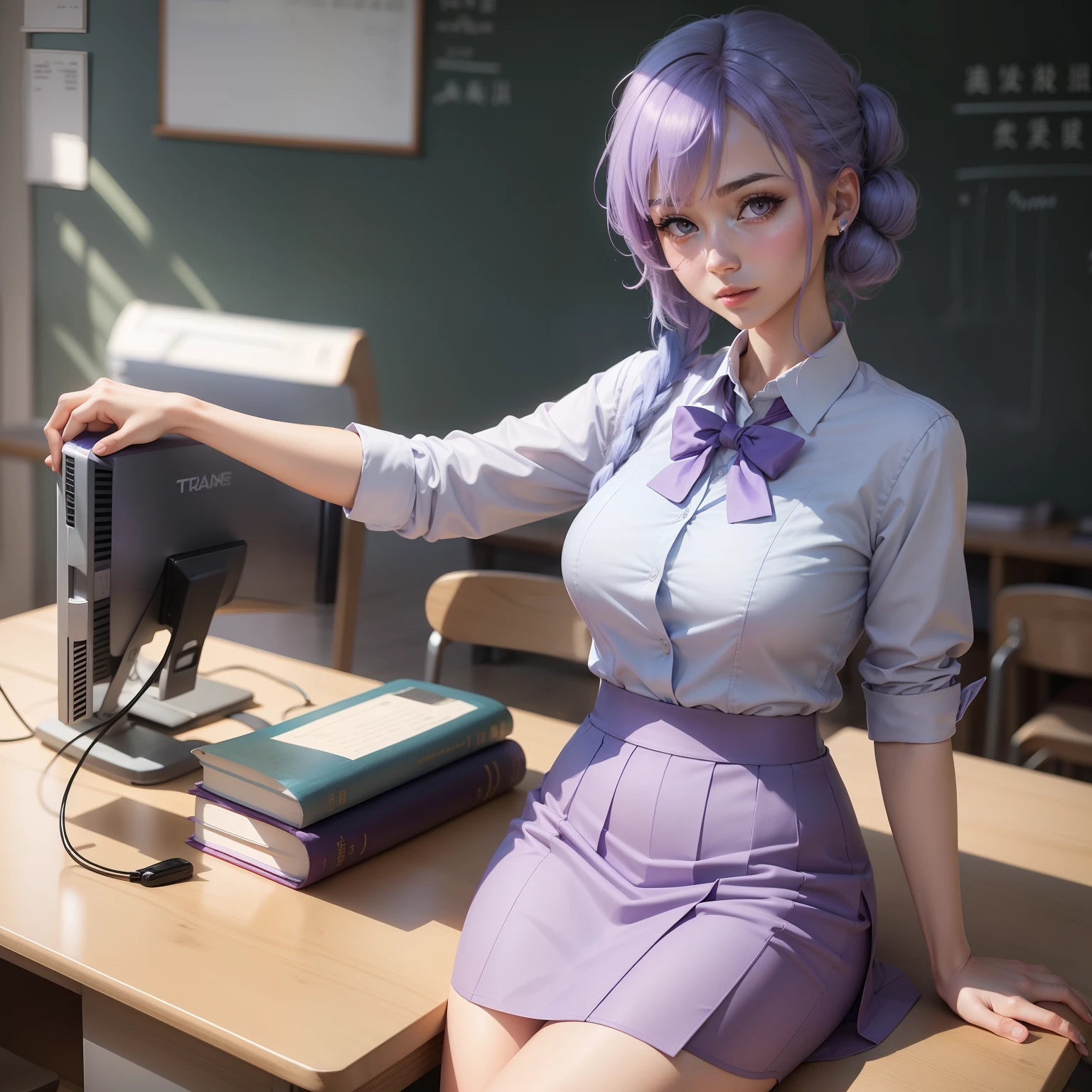 Light purple-blue hair，Crystal clear teacher uniform，A beautiful girl teacher who has a sense of freshness and refreshment