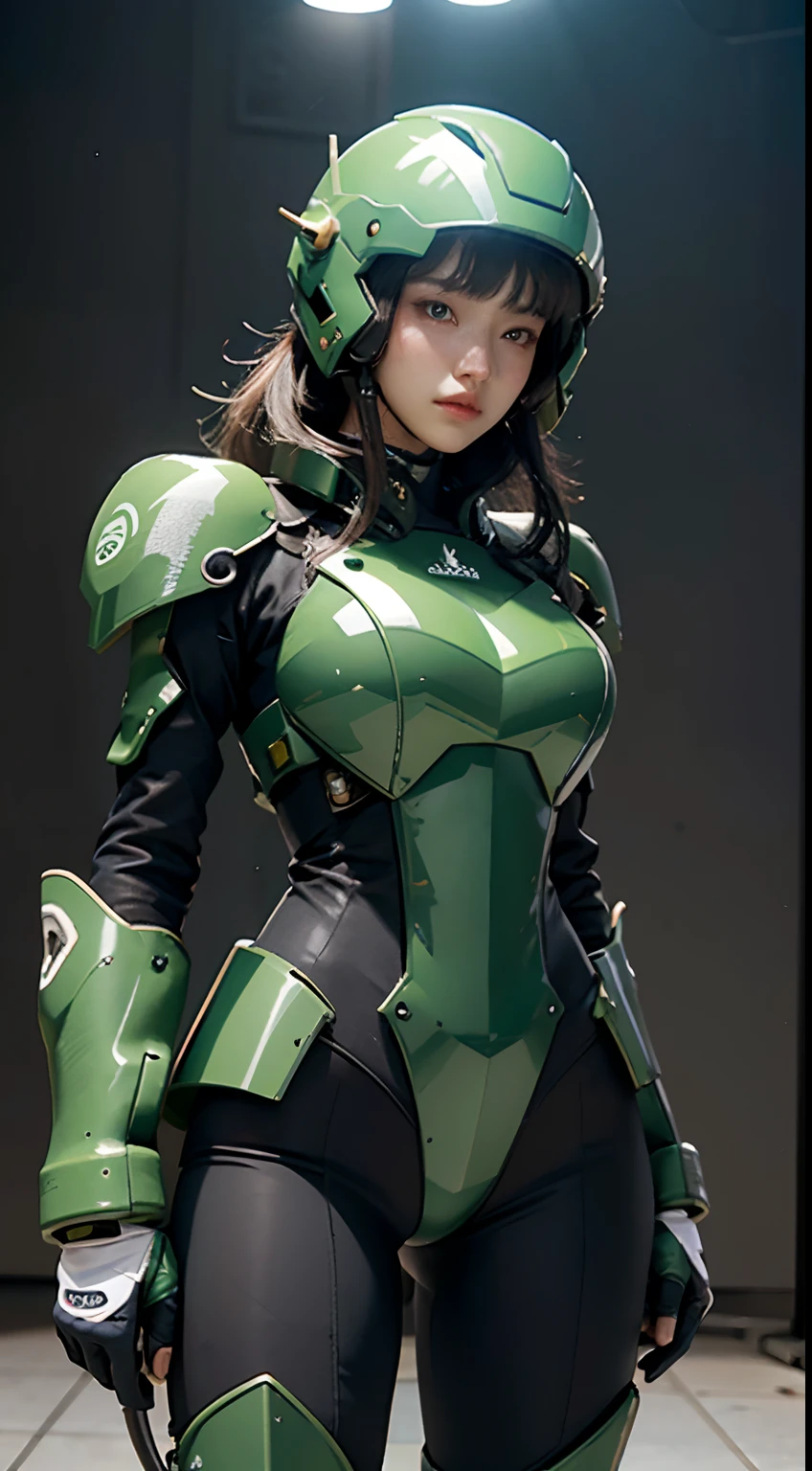Highest image quality, outstanding details, ultra-high resolution, (realism: 1.4), the best illustration, favor details, highly condensed 1girl, with a delicate and beautiful face, dressed in a black and green mecha, wearing a mecha helmet, holding a directional controller, riding on a motorcycle, the background is a high-tech lighting scene of the future city.