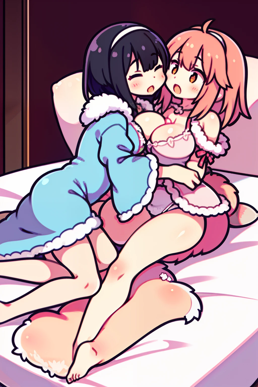 2girls,girl1:bbw、adolable,Black hair,Bob-cut hair,rcasual、Kisses and hugs、stare、lying on the bed、foxes、(French kiss)、body covered with fur,Nanachi、Girl 2:adolable,A pink-haired,Long grey hair,rcasual。Kisses and hugs、stare、NOWAI、foxes、lying on the bed、(French kiss)、body covered with fur,Nanachi