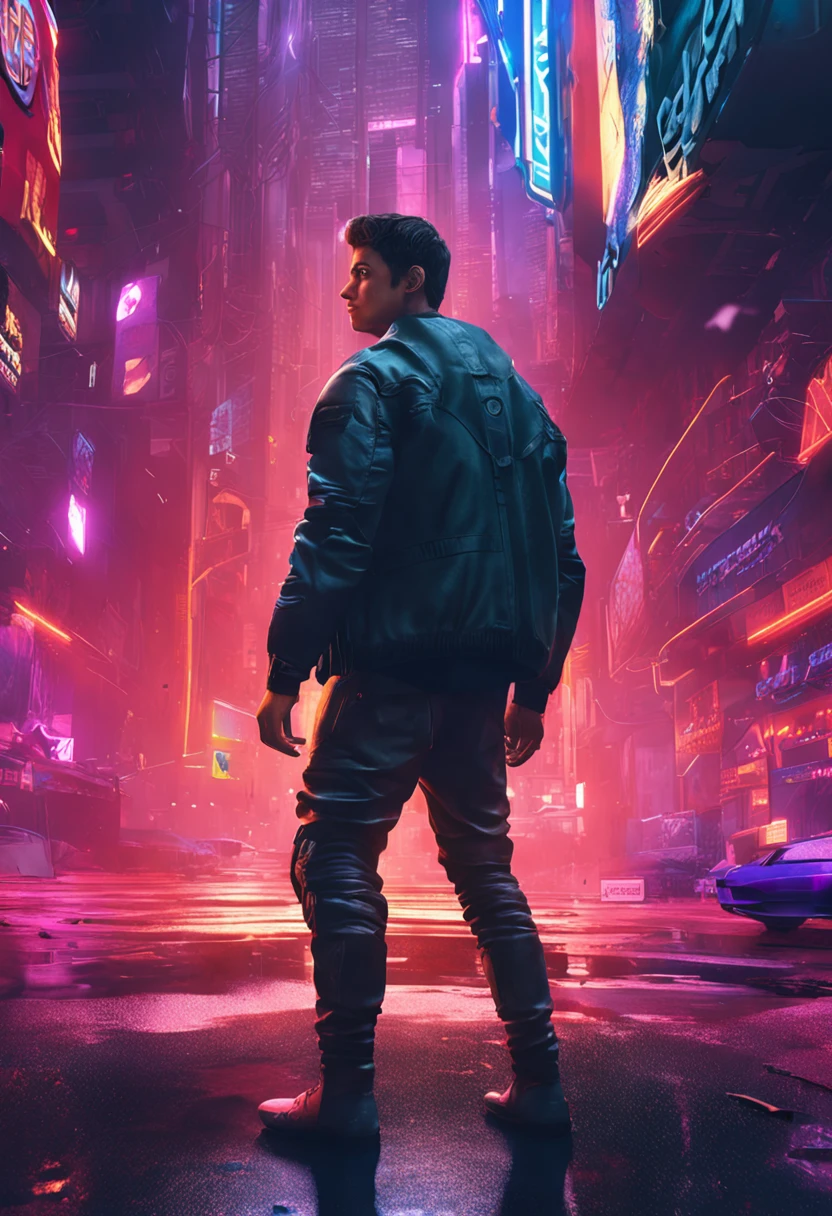 Change background to a cyberpunk setting, featuring a handsome boy with a realistic face in ultra-realistic 8k resolution.