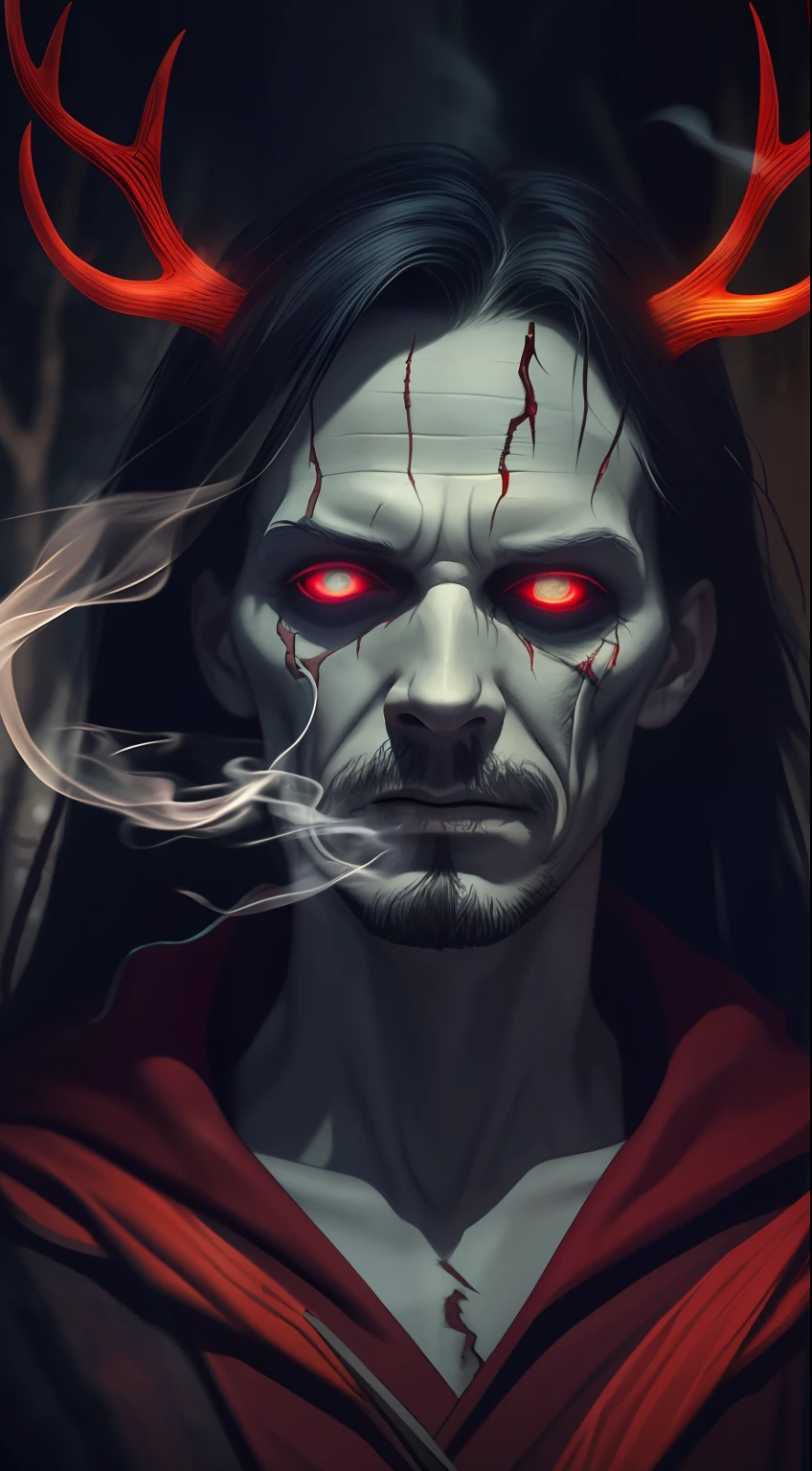 dark, unholy, evil, astral, creepy style, undead, rotting skin, mystical, realstic doctor strange in the woods, smoke, mist, night, face profile, from side, red glow, nihility, void, antlers, bright red void eyes, looking away up, staring into abyss