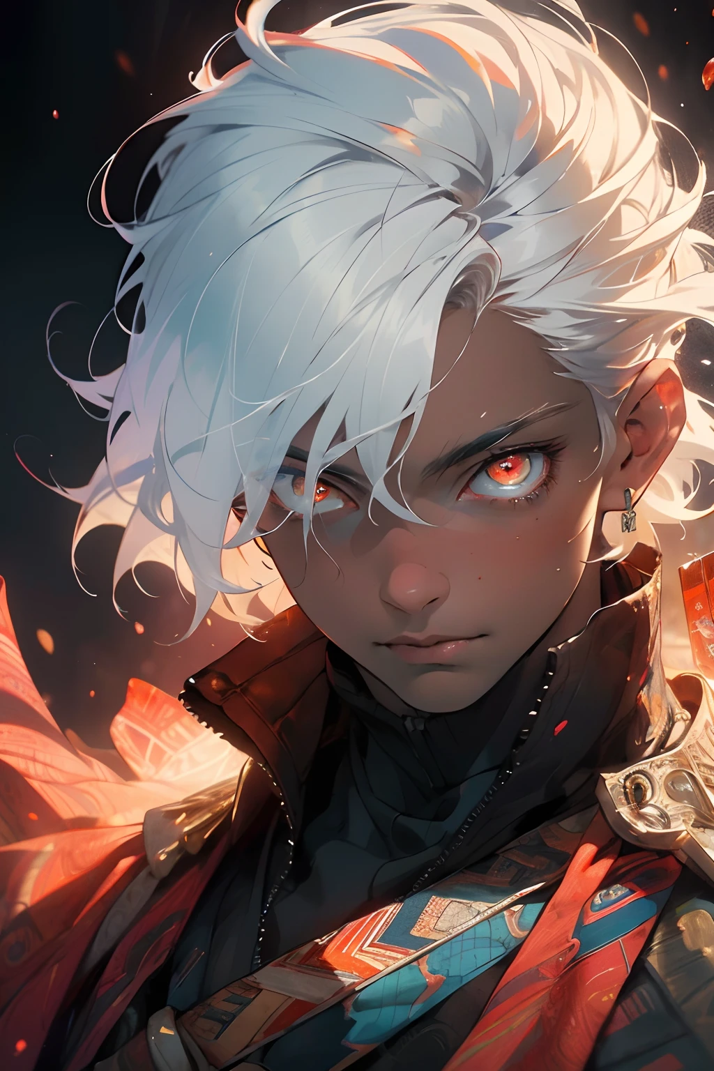 Realistic, (Masterpiece, Top Quality, Best Quality, Official Art, Beauty and Aesthetics: 1.2), Very Detailed, Fractal Art, Colorful, Most Detailed, Zentangle, (Abstract Background: 1.5) (1boy: 1.3), God, White Hair, Short Hair, (Glowing Red Eyes), Mysterious, (Magic), Ice, Handsome Man, Egyptian Style