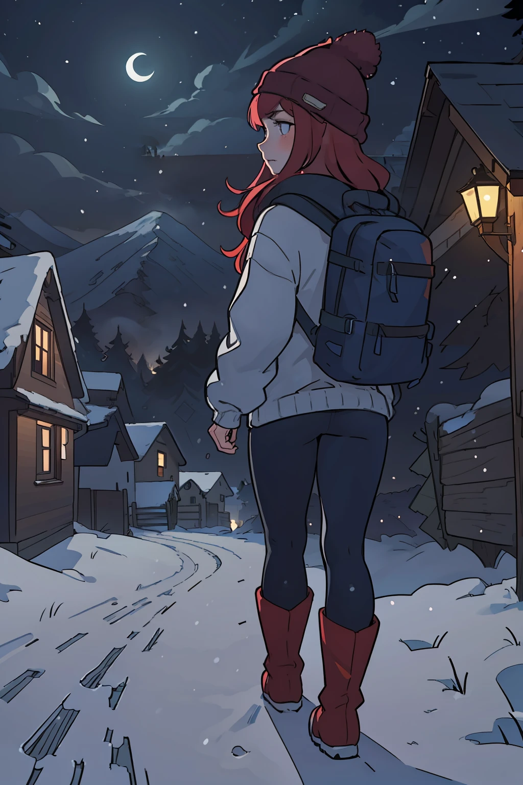 masterpiece, 4k, detailed, wide shot, game key art, splash art, concept, distant shot of a small village at the bottom of snowy hills at night, with a slim girl with long red hair in beanie, blue sweater and tights, red boots and backpack walking towards it in the foreground in the corner of the image, dark, gloomy dramatic, spooky lighting with lot of fog, foggy and snowing weather snowy, blizzard, night with huge white moon