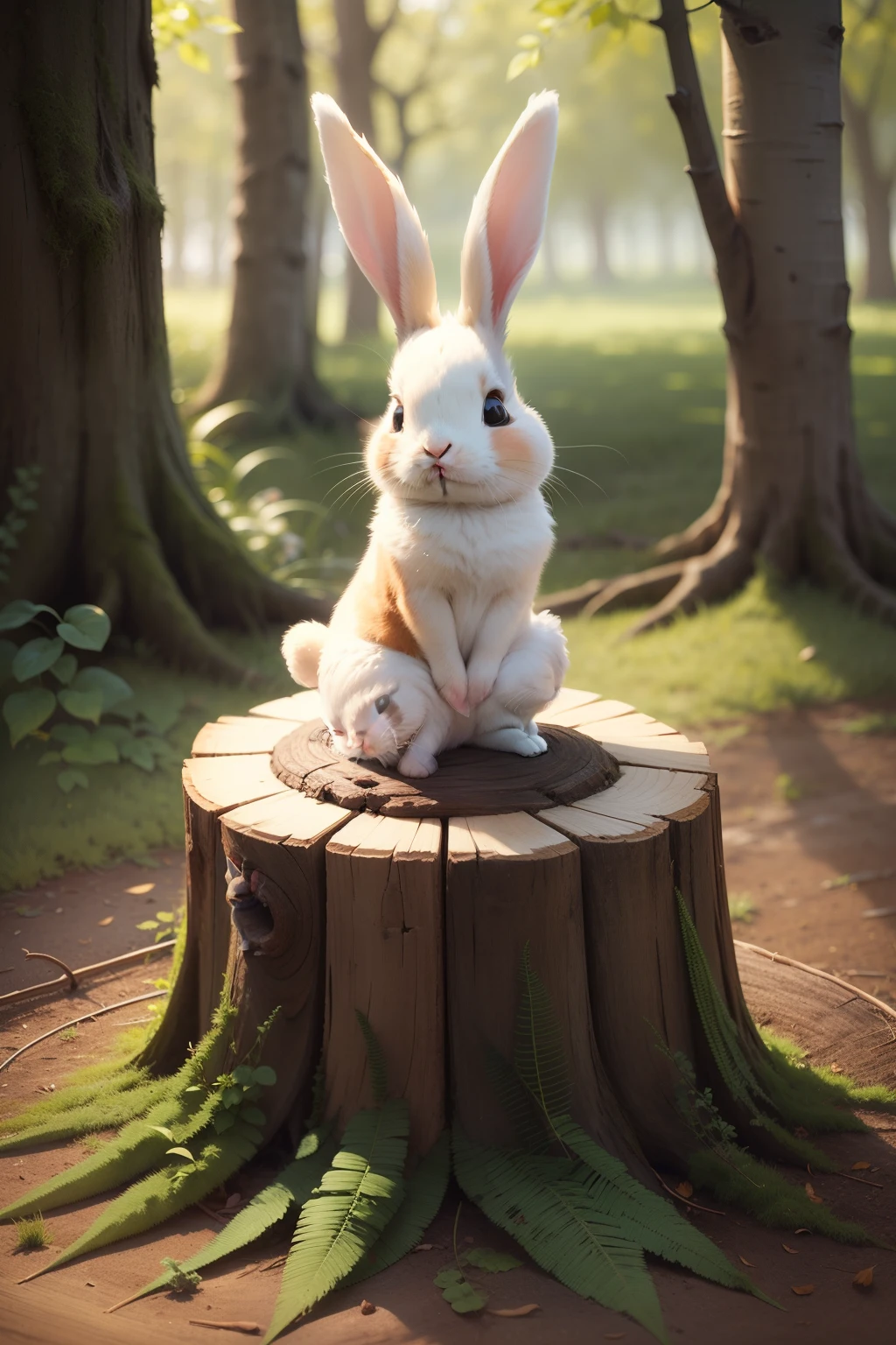 cute little bunny sitting on a tree stump