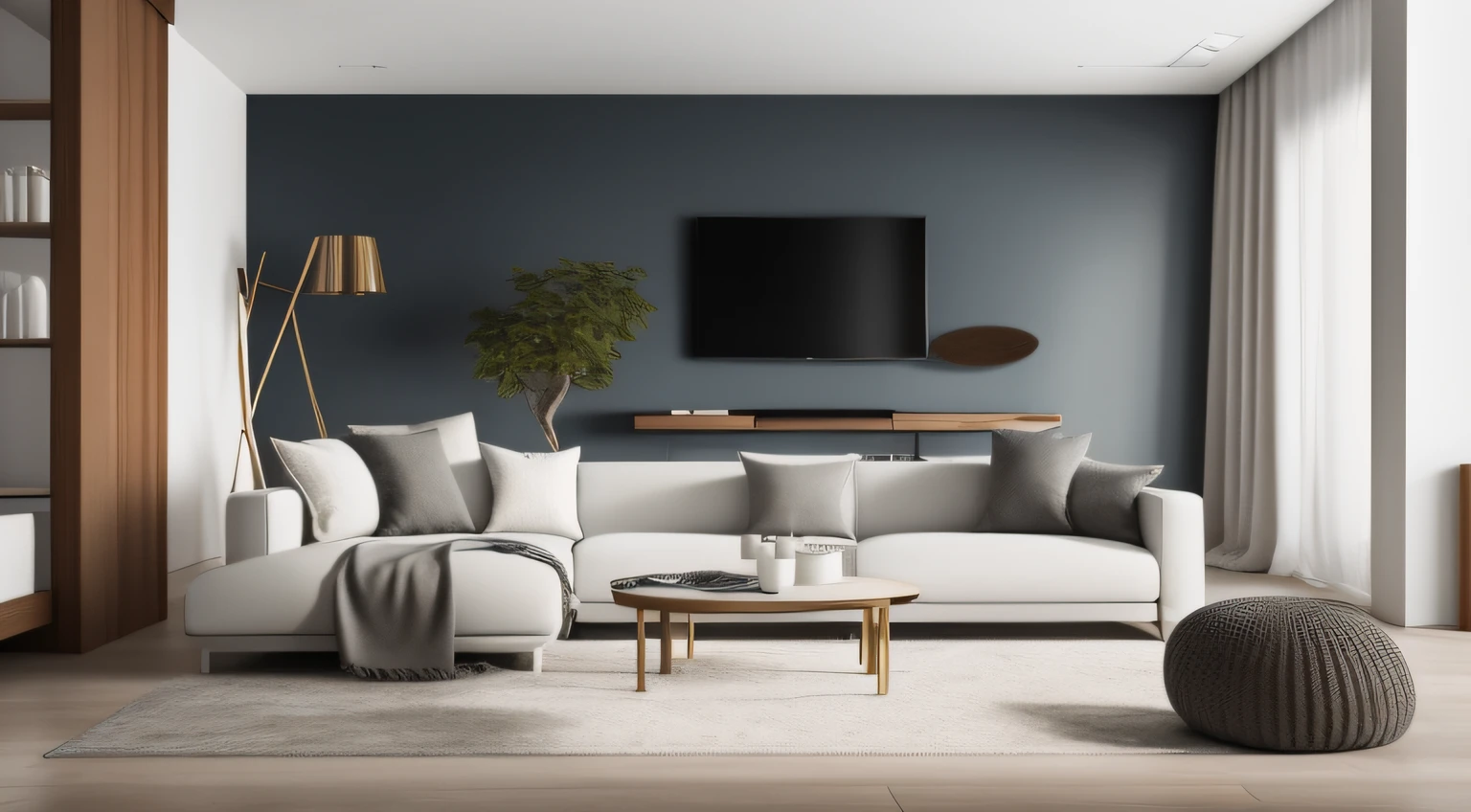 Craft an AI artwork that embodies the serene simplicity of Japandi design in a modern living room, blending Japanese minimalism and Scandinavian warmth.