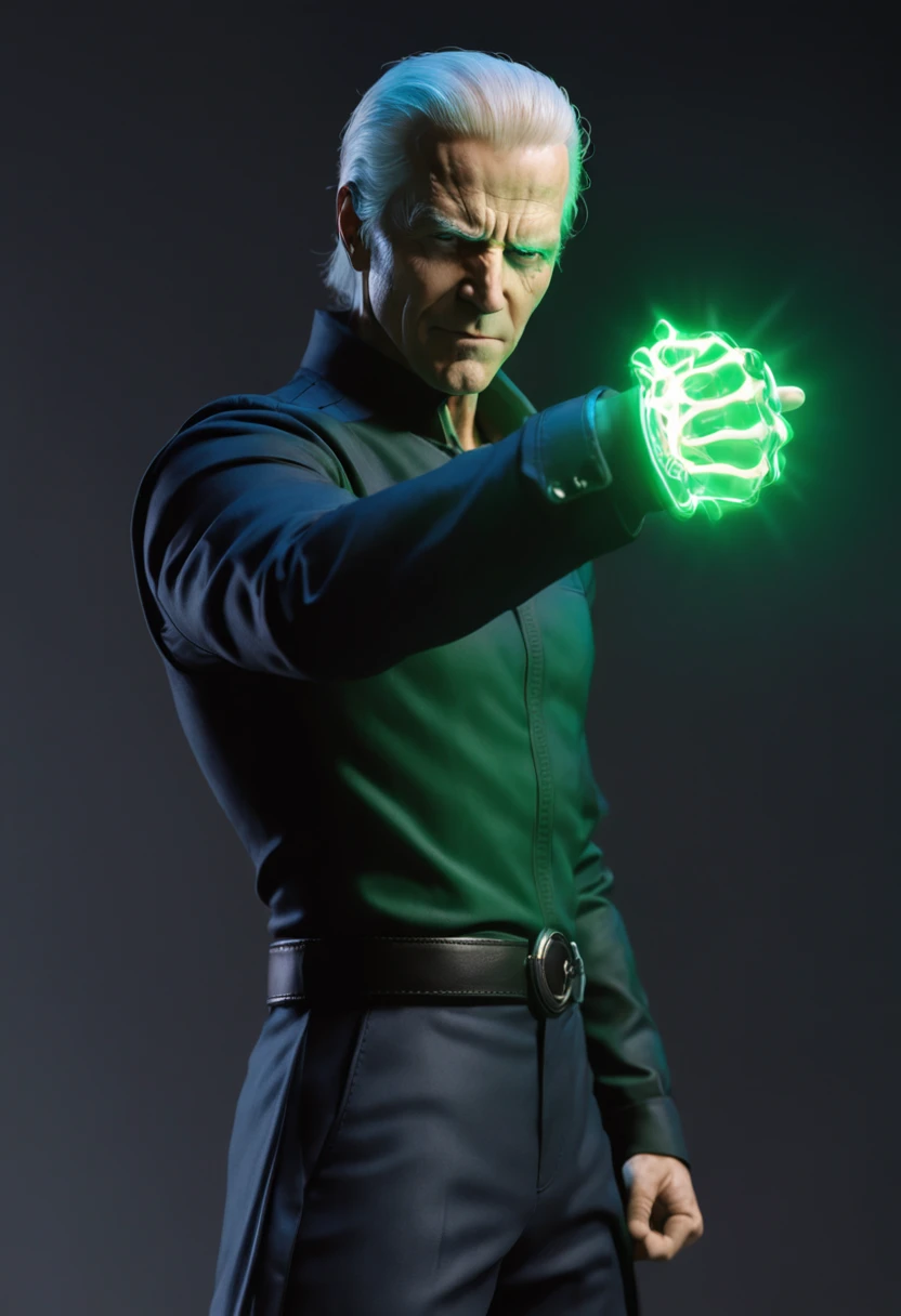 melhor qualidade, Ultra resolution, corpo inteiro, fundo detalhado, realista, 8k, A man in a black shirt and blue pants holding a green light, Joe Biden como um personagem JoJo, Retrato completo de Electromancer, Personagem de anime, Anime Ciborgue, joe biden as an anime villain, alien robot luffy, Um homem com ecudo de energia, Cyborg's right arm and legs, Melhor Design de Personagens de quadrinhos, em meio a uma cidade destruida.