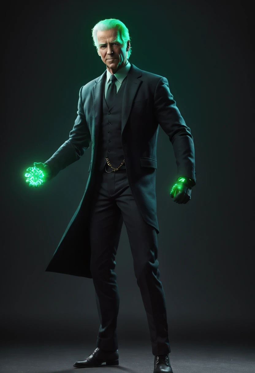 melhor qualidade, Ultra resolution, corpo inteiro, fundo detalhado, realista, 8k, A man in a black shirt and blue pants holding a green light, Joe Biden como um personagem JoJo, Retrato completo de Electromancer, Personagem de anime, Anime Ciborgue, joe biden as an anime villain, alien robot luffy, Um homem com ecudo de energia, Cyborg's right arm and legs, Melhor Design de Personagens de quadrinhos, em meio a uma cidade destruida.