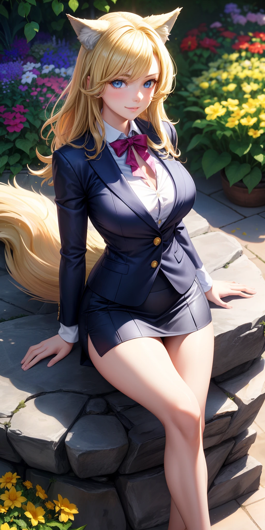 Big breasts, 1girl, ((blonde hair)) ((wolf girl)) blue eyes, has an extremely sexy body, with full breasts and a thin waist, and an extremely sexy body, blazer and short skirt, has a bold appearance. young, quality, realistic, best quality, cute expression, shy smile, flower garden, rocks