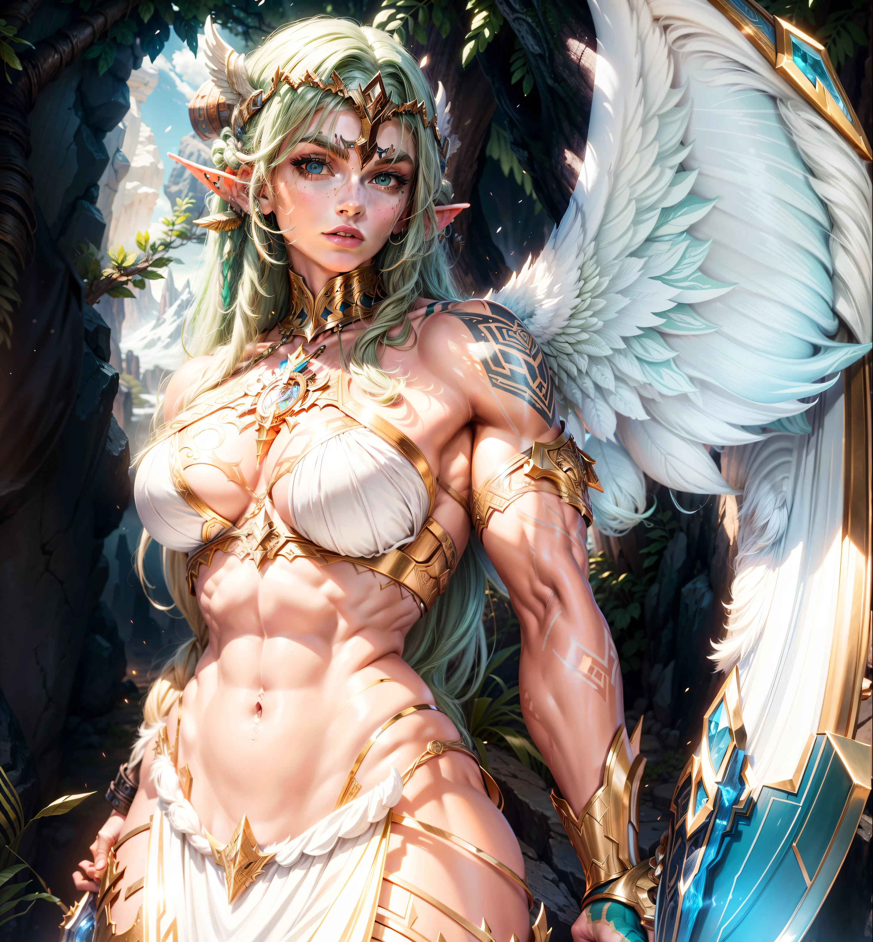 Asgard,valkyrie,Senhora Cavaleiro,Anatomia correta,epic fantasy digital art,tmasterpiece,8k,high-definition resolution,desenho detalhado,Qulidade Superior,, Epic composition, músculous body, tattoo on the muscular abdomen