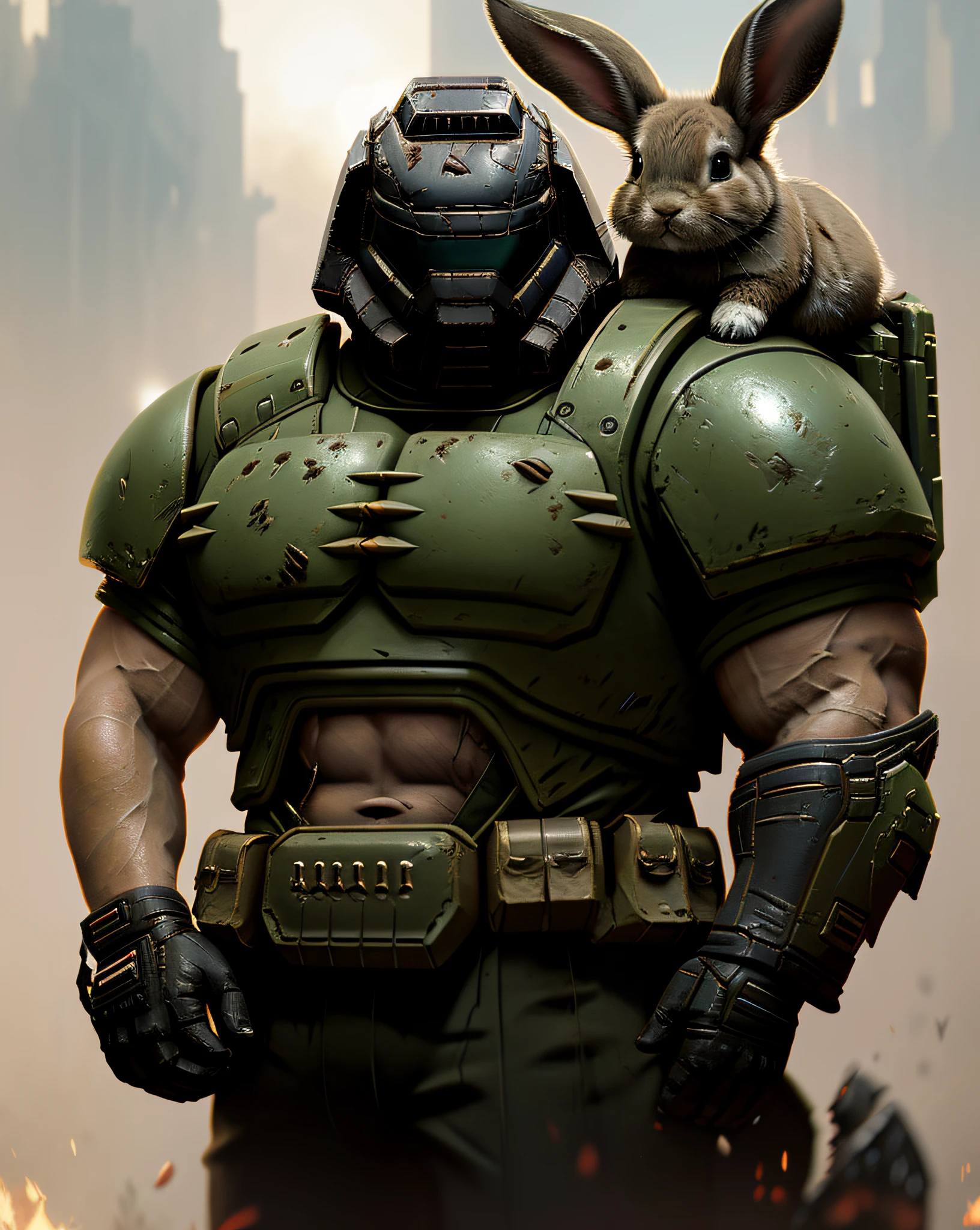 doomguy, petting a bunny, photography, trending on artstation, sharp focus, intricate details, high details, 64k, by greg rutkowski