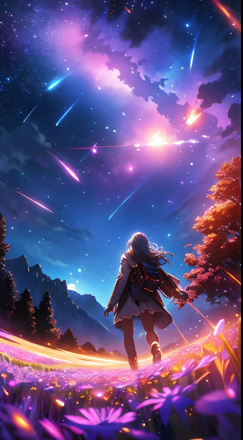 expansive landscape photograph , (a view from below that shows sky above and open field below), a girl standing on flower field looking up, (full moon:1.2), ( shooting stars:0.9), (nebula:1.3), distant mountain, tree BREAK
production art, (warm light source:1.2), (Firefly:1.2), lamp, lot of purple and orange, intricate details, volumetric lighting BREAK
(masterpiece:1.2), (best quality), 4k, ultra-detailed, (dynamic composition:1.4), highly detailed, colorful details,( iridescent colors:1.2), (glowing lighting, atmospheric lighting), dreamy, magical, (solo:1.2)