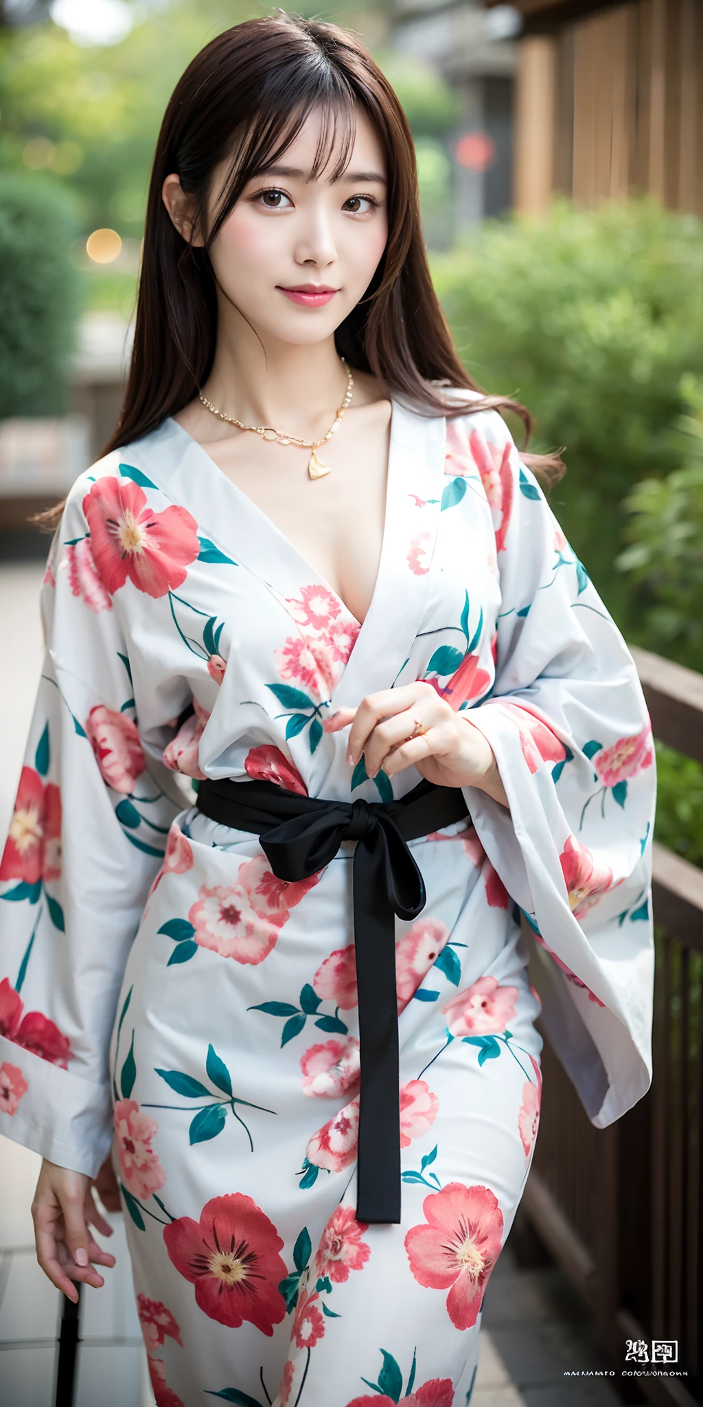top-quality、8K、32K、masterpiece、nffsw:1.2)、Photo of a cute Japanese woman、bobhair、The upper part of the body、sface focus、Yukata with white floral pattern、a necklace、Japanese garden、natta、midnight、dark backgrounds、