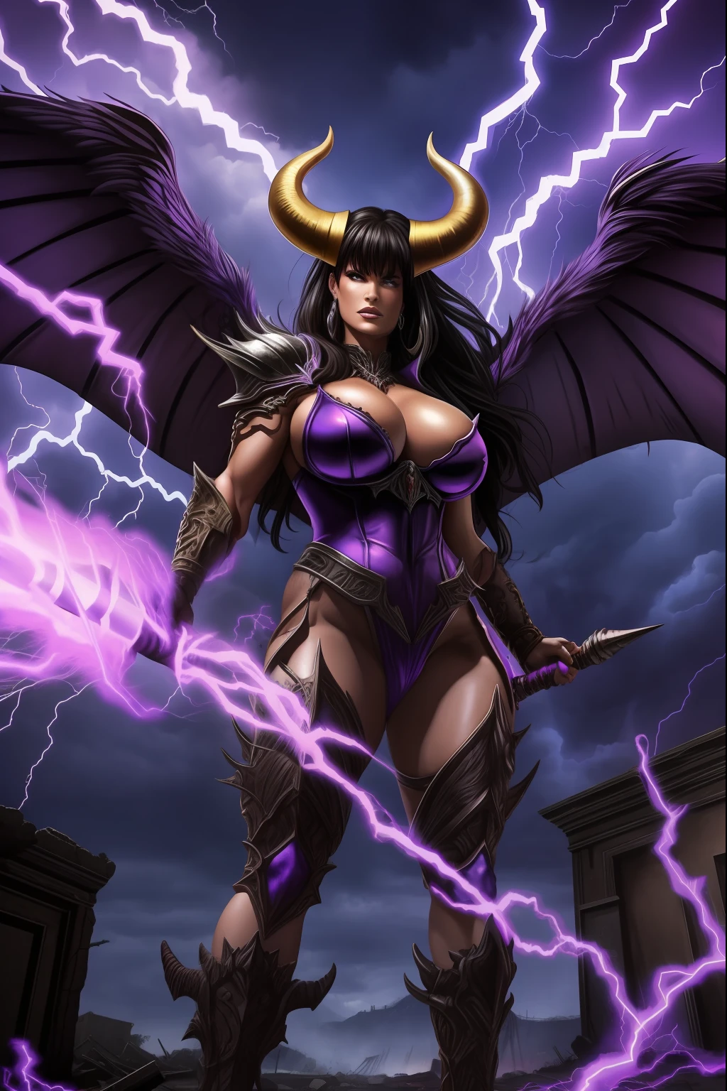 Lisa Ann as a hyper-giant, Hyper-powerful demon with a demon horn on its head and demon wings, and throws purple lightning bolts at a building, ville en ruine post apocalyptique,