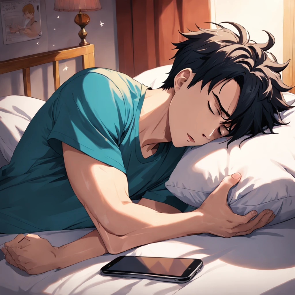 At the head of the bed, a young man lying prone on his pillow and looking at his phone，lying face down on the bed, Place your hands under your head，Sleepy expression, relaxing after a hard day, Listen to music at 2 a.m, resting after a hard fight, Lie down in bed，Highly faded hairstyle, White shirt, Handsome, Cool