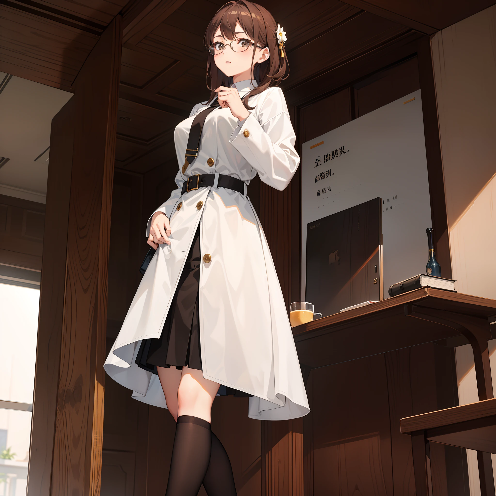 A young female mentor stands on the podium，Hold your hands on the table，Glasses with a white rim，Wearing a brown-black trench coat，Underneath is also a pair of black shorts and a pair of black high heels，（It's actually a teacher's uniform）But what is attractive is the white characters engraved on the female mentor's trench coat，It's like an ancient text，Brown hair looks beautiful in the sunlight，Her gentle look when she speaks is also very relaxing。