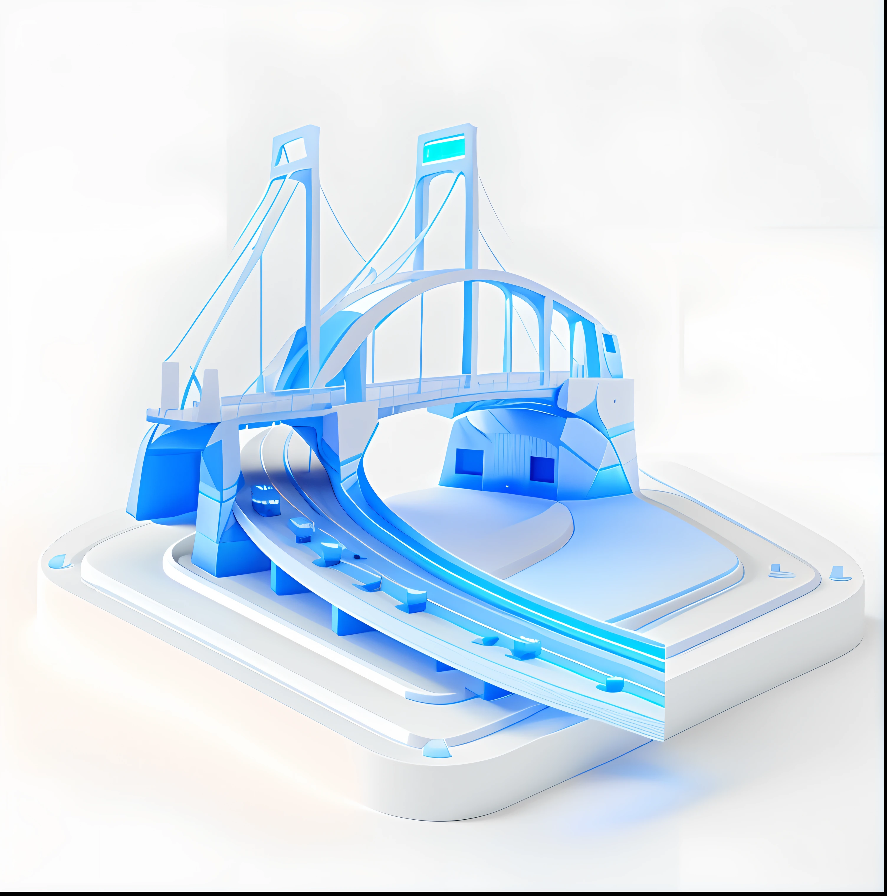 Bridge icon, Very long, There is curvature, White background, Light blue-gray and blue, Matte, 3D art, Octane rendering, ux, UI, Fig manufacturing, Adobe XD, Sketch, industrial design, Volumetric light, less detailing, C4D, Blender --AR 1:1 --q 2 --niji 5